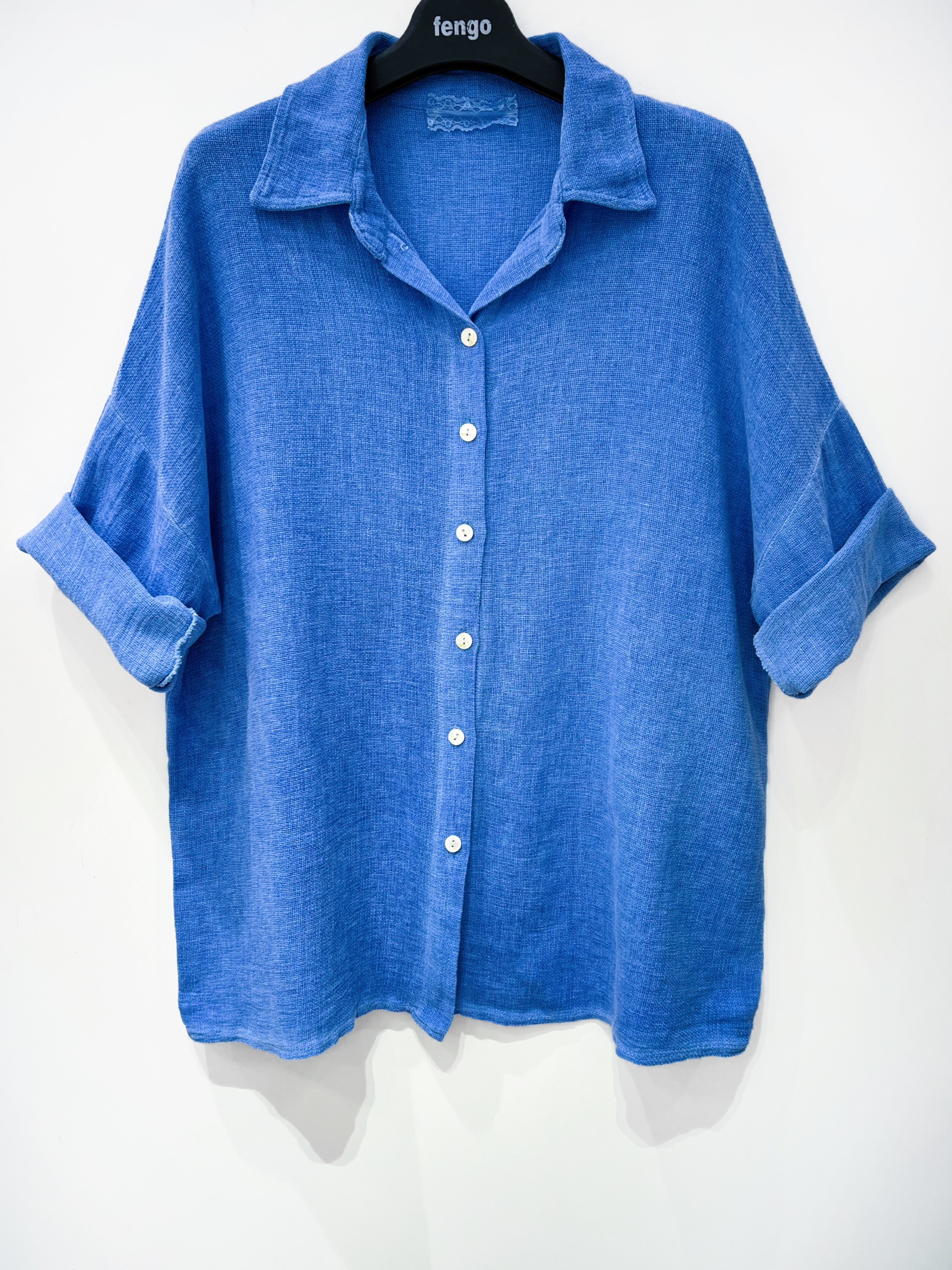 Grossiste Fengo by Pretty Collection - Chemise oversize en mélange lin/coton, avec manches 3/4 et effet délavé
