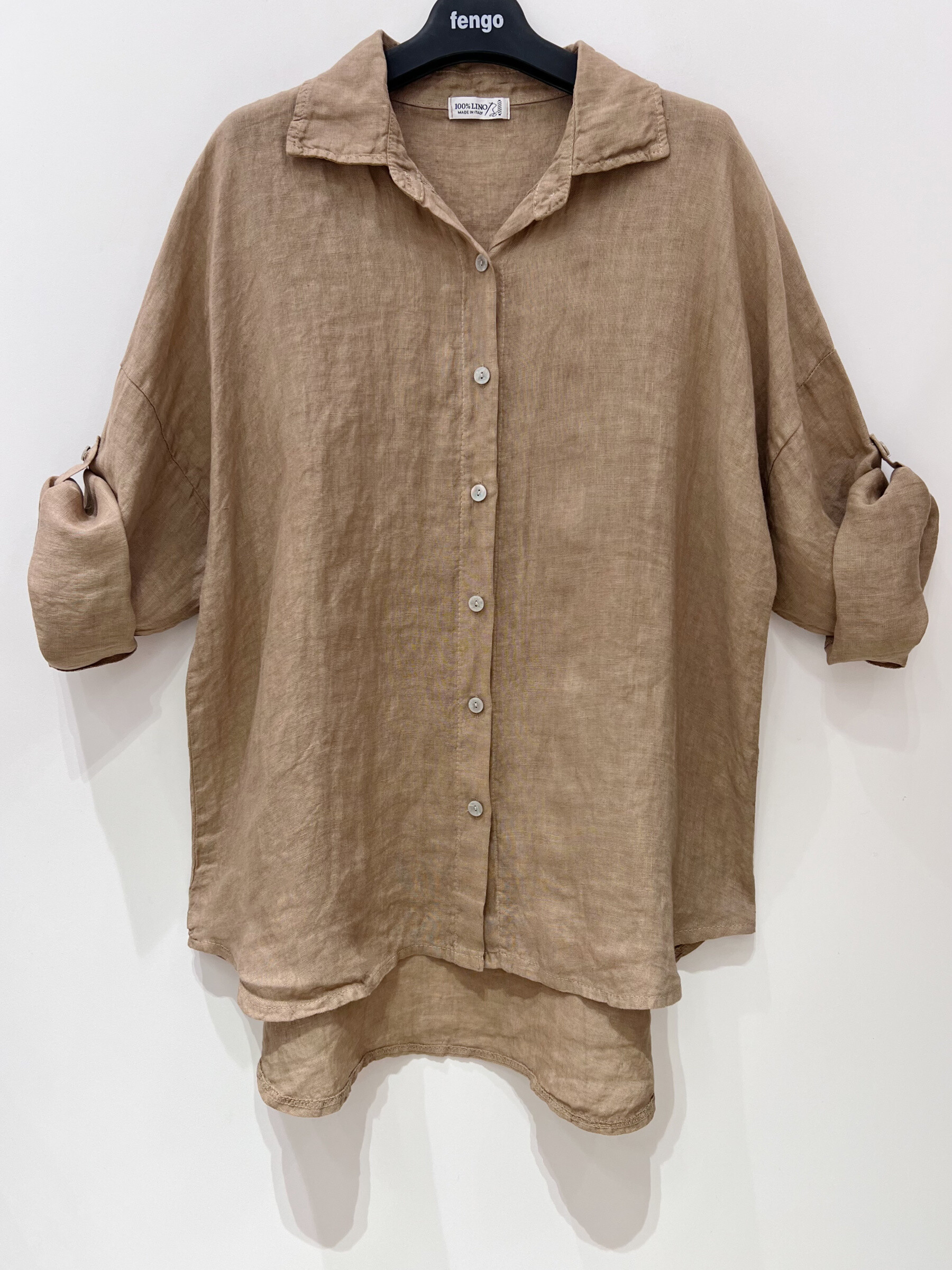 Grossista Fengo by Pretty Collection - Camicia in lino con bottoni, taglio largo e maniche 7/8