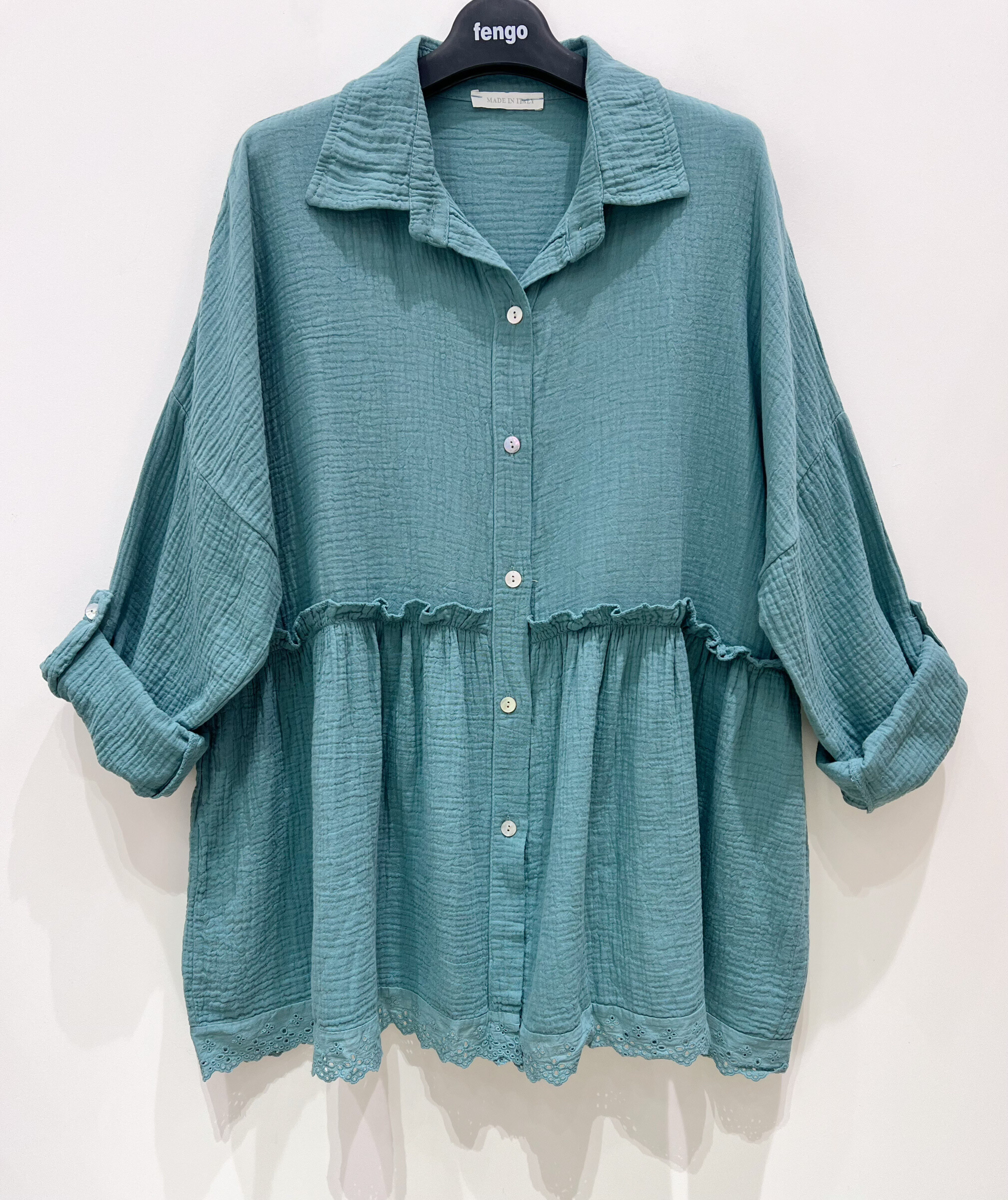 Grossiste Fengo by Pretty Collection - Chemise large en gaze de coton avec dentelle et manches longues