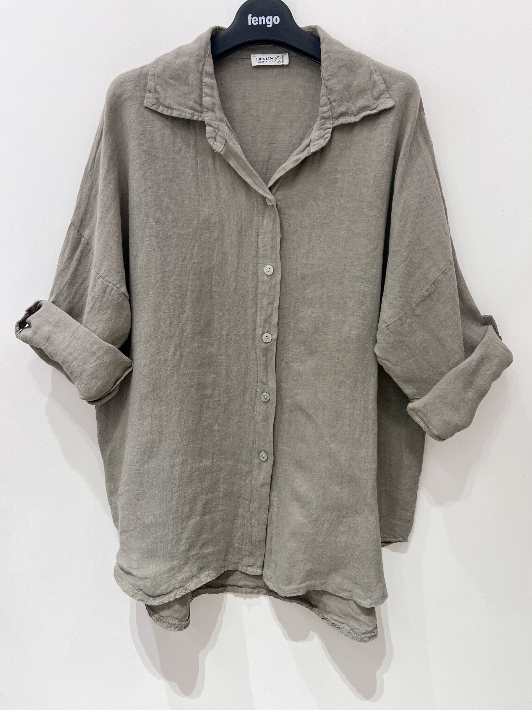 Grossiste Fengo by Pretty Collection - Chemise boutonnée en lin, coupe large et manches 7 ⁄ 8