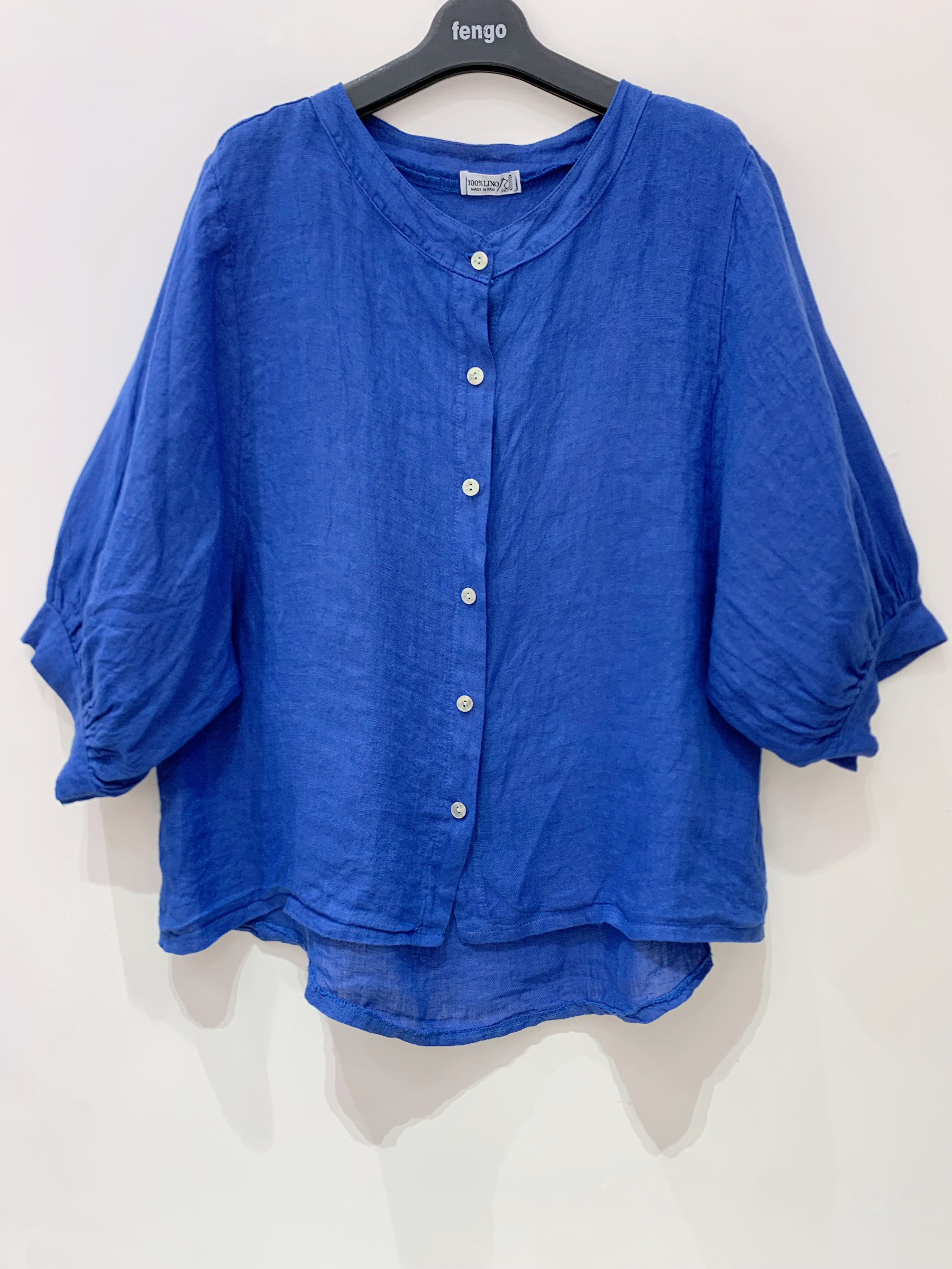 Mayorista Fengo by Pretty Collection - Camisa de cuello redondo con mangas cortas abullonadas de lino