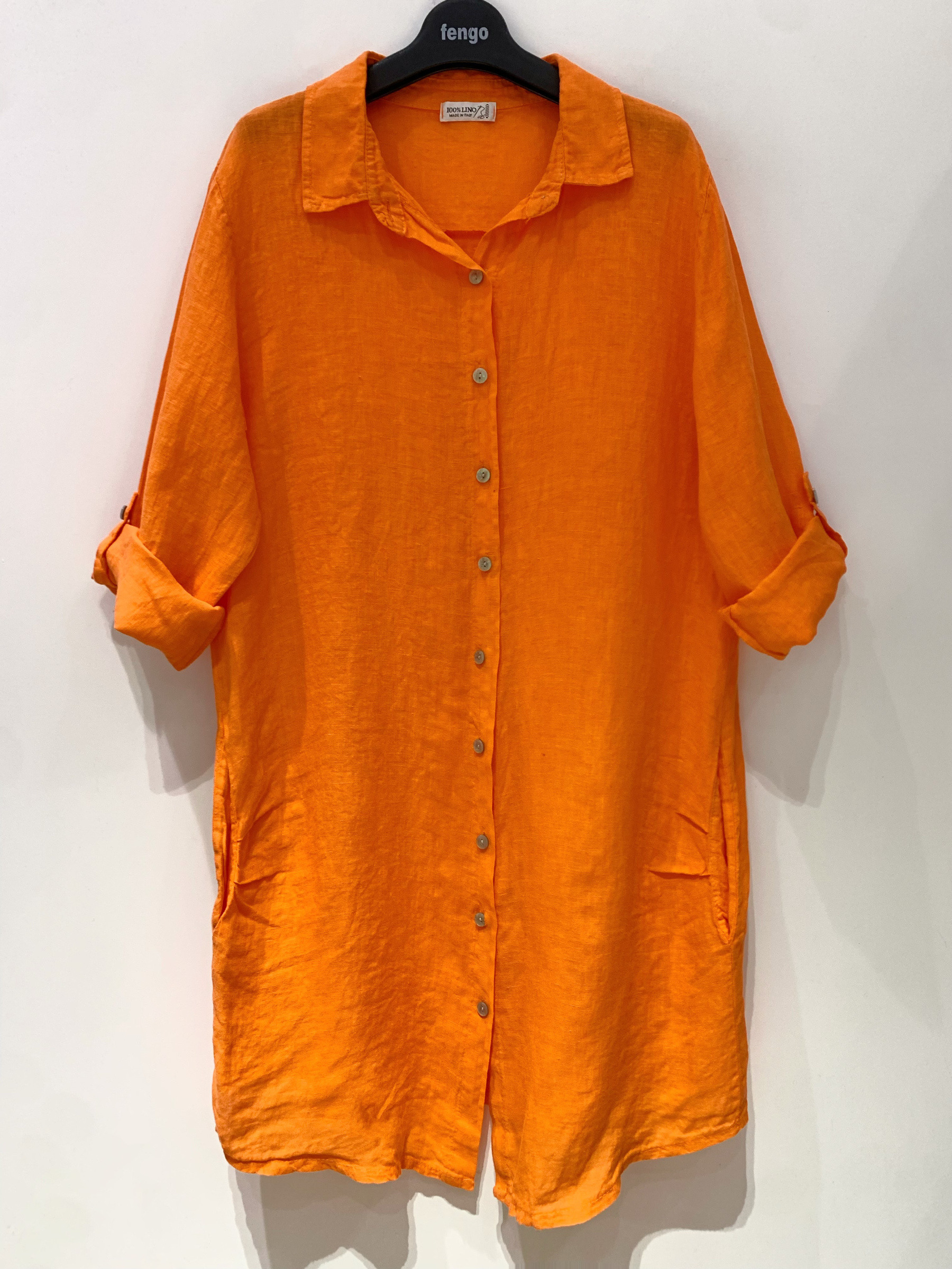 Grossiste Fengo by Pretty Collection - Robe-chemise boutonnée, 2 poches et manches longues, en lin 100%