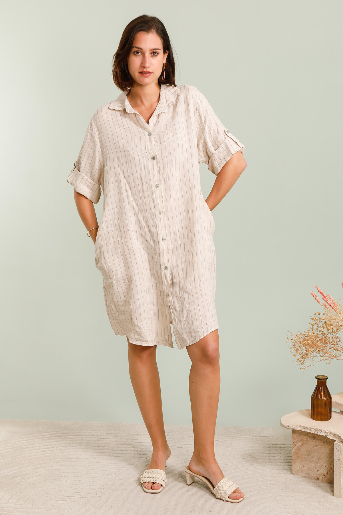 Mayorista Fengo by Pretty Collection - Camisa a rayas de longitud media, 100% lino.