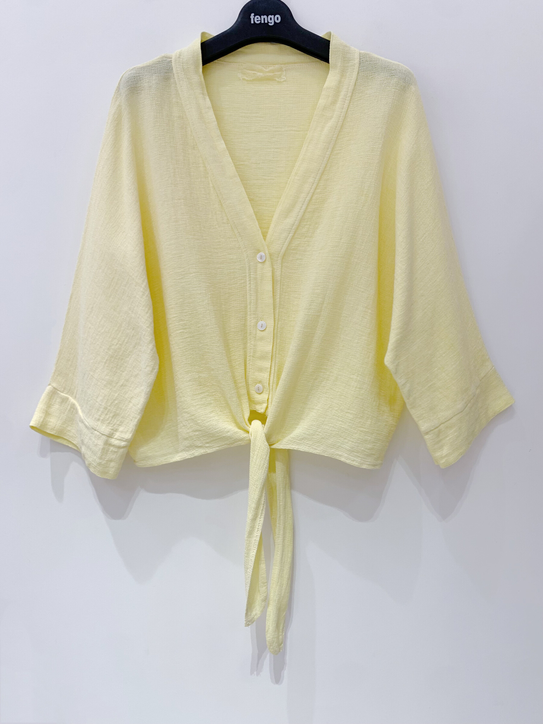 Großhändler Fengo by Pretty Collection - Bolero mit den Ärmeln 3/4 und Knoten zum Knoten in Leinen/Baumwolle geknöpft