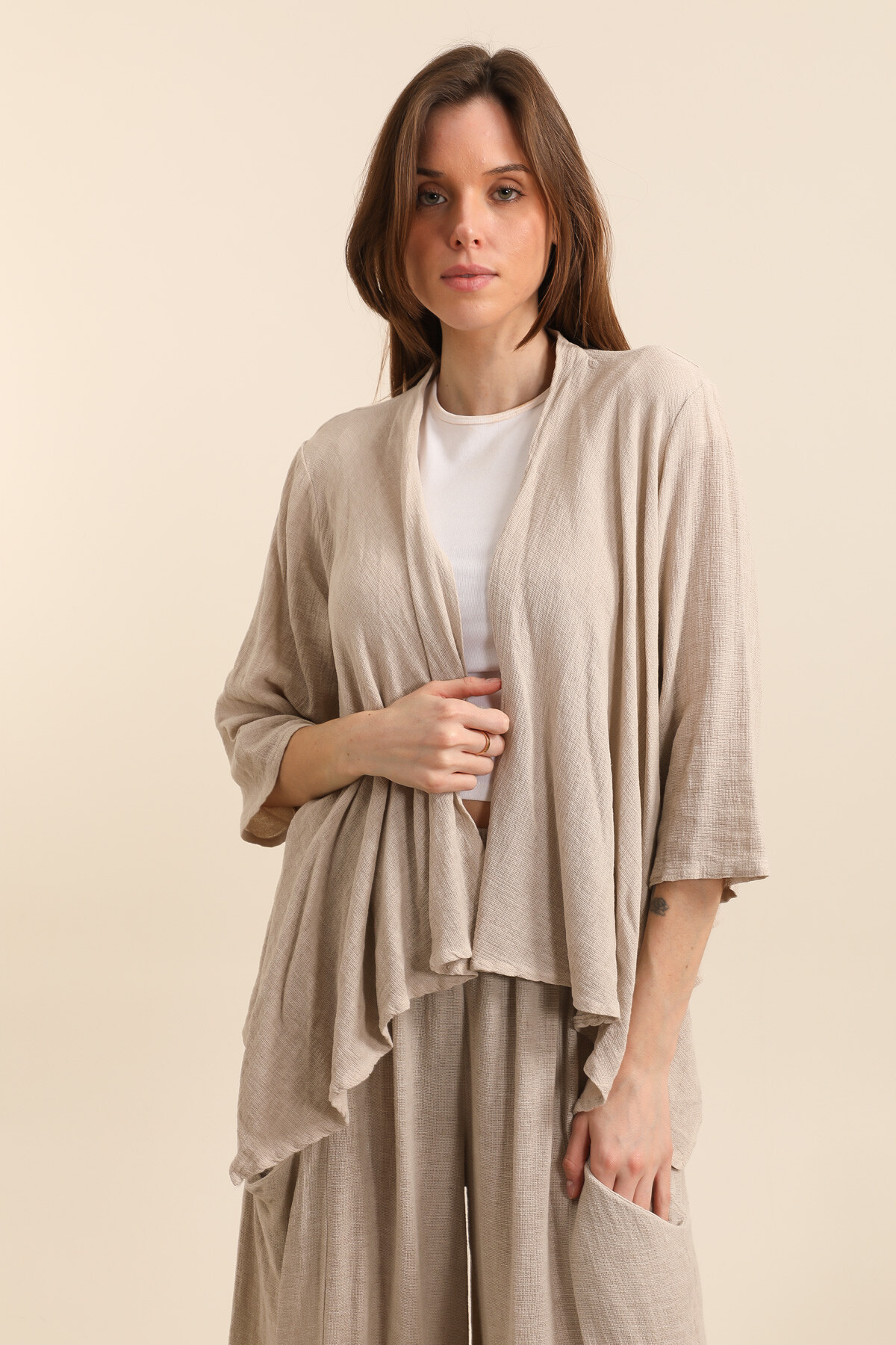 Wholesaler Fengo by Pretty Collection - Casual short-sleeve cardigan, in linen/cotton