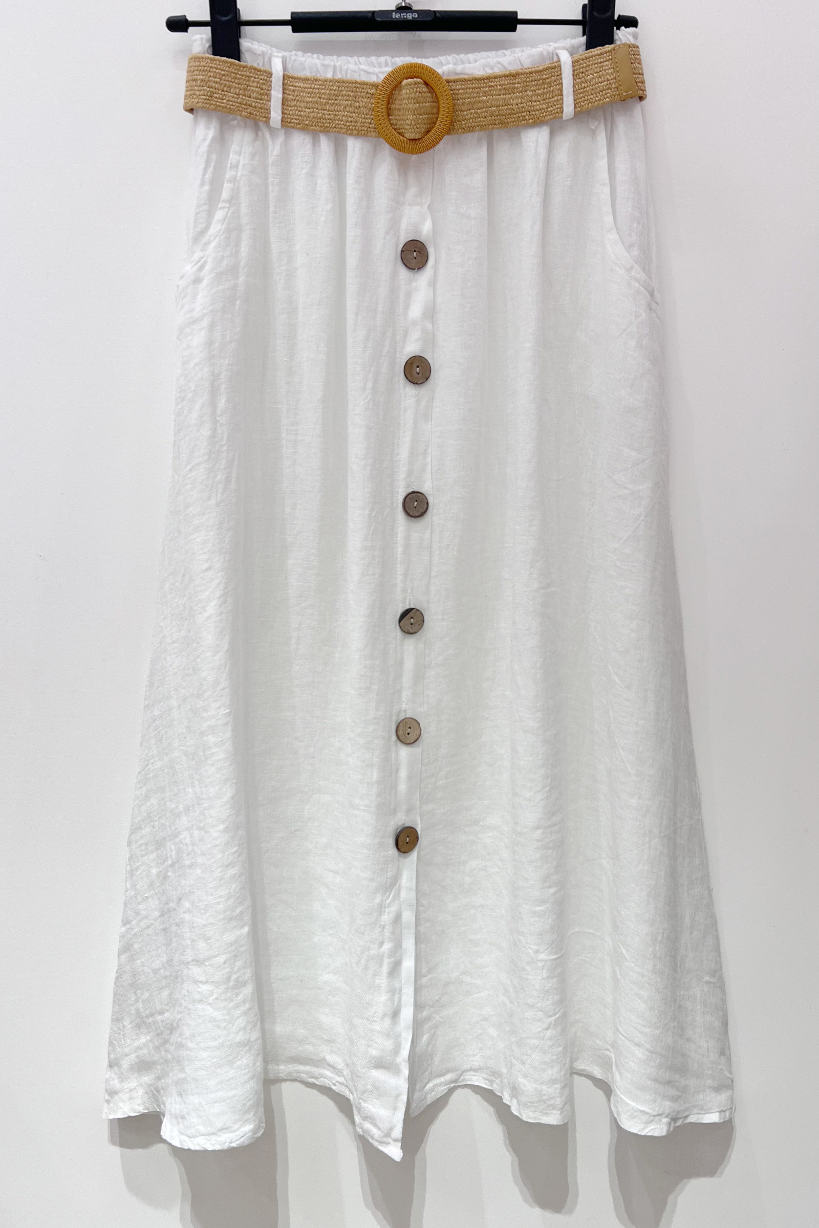 Wholesaler Fengo by Pretty Collection - Long skirt, buttoned, 2 pockets, with integrated belt, in 100% linen