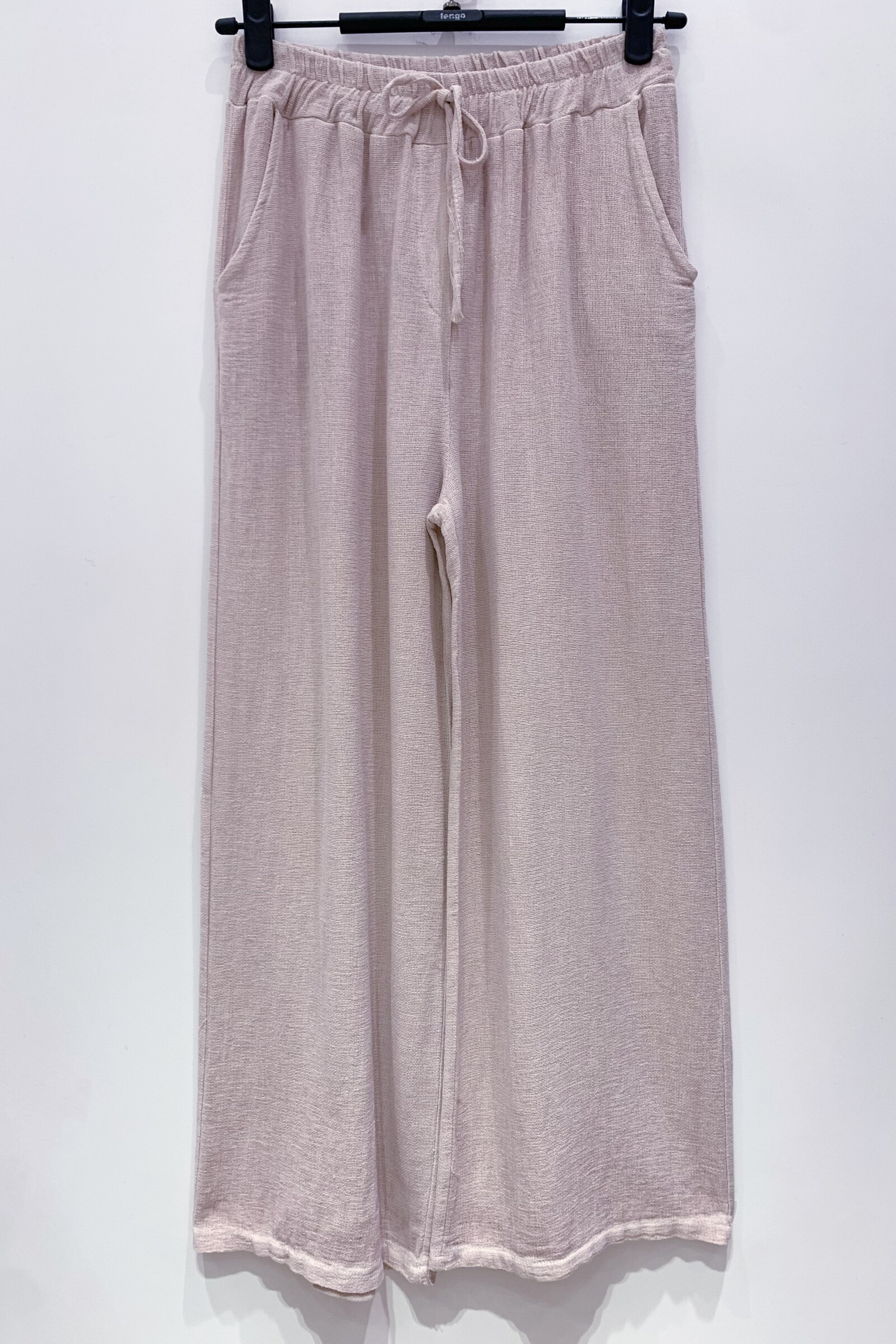 Grossiste Fengo by Pretty Collection - Pantalon fluide avec attache à nouer, en mélange lin ⁄ coton, légèrement évasé