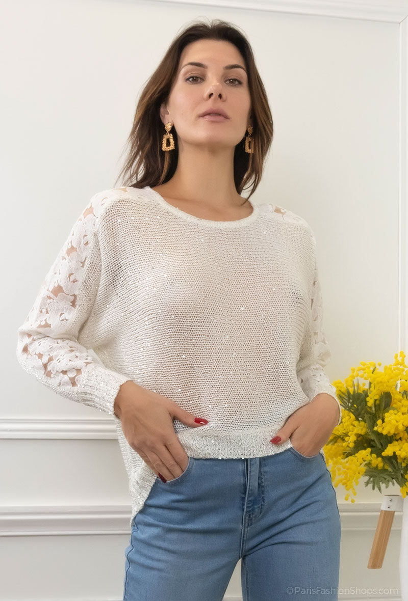 Wholesaler Fengo by Pretty Collection - Whimsical sweater with batwing sleeves, sequins, and lace on the sleeves.