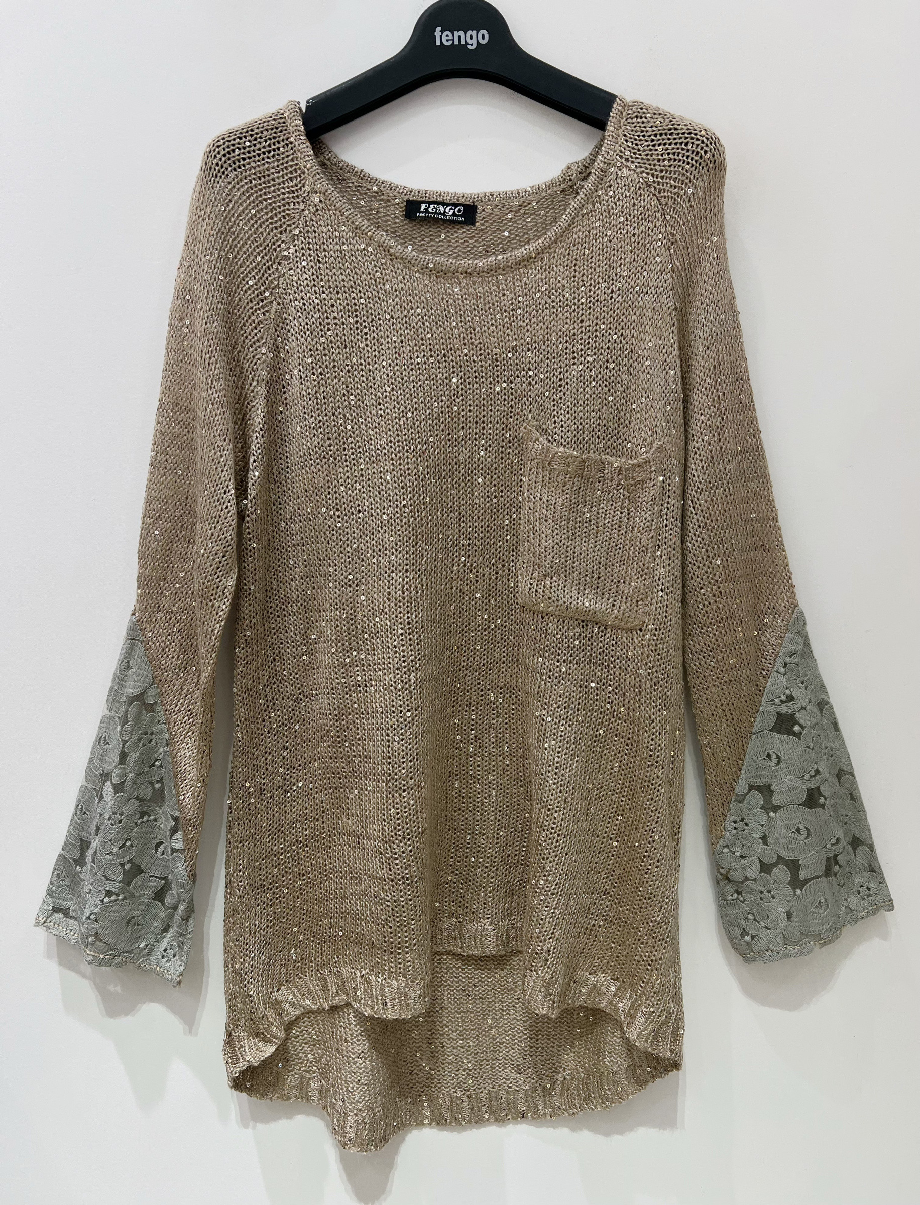 Wholesaler Fengo by Pretty Collection - Whimsical sweater with flared sleeves, sequins, and lace detailing on the sleeves.