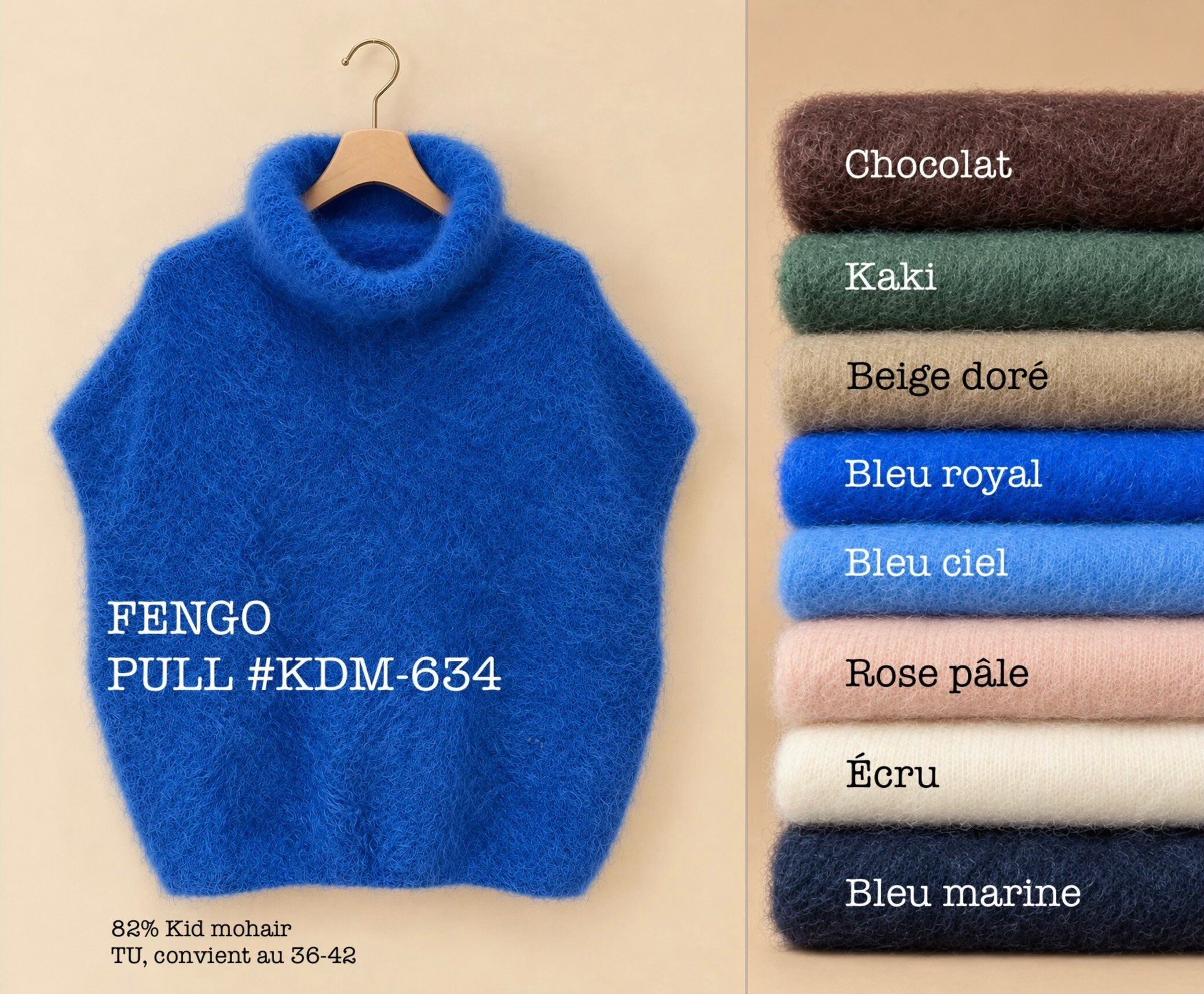 Mayorista Fengo by Pretty Collection - Jersey de cuello alto sin mangas, con 82% de Kid mohair. Tejido en Italia.
