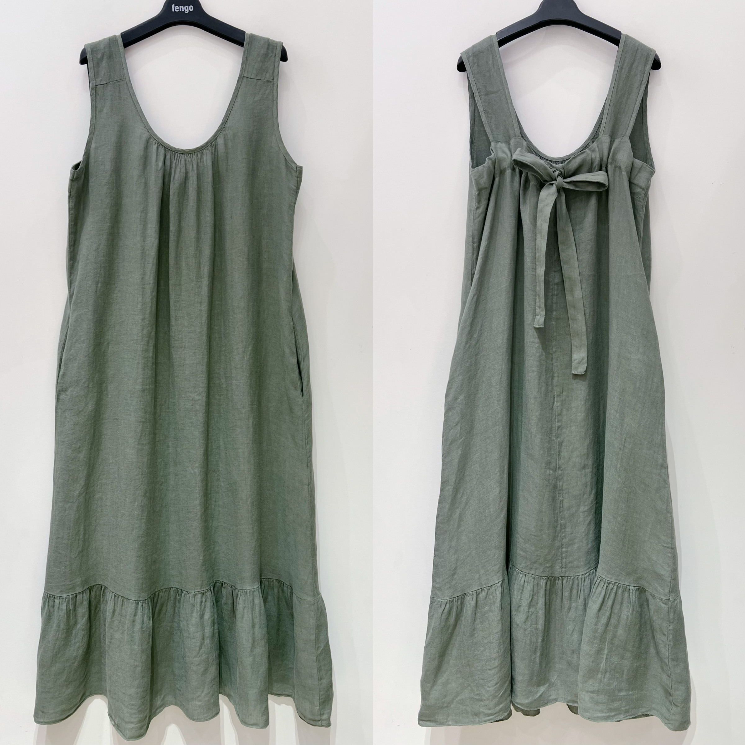 Grossiste Fengo by Pretty Collection - Robe longue en lin avec large bretelle et noeud à nouer au dos, en lin 100%, avec 2 poches