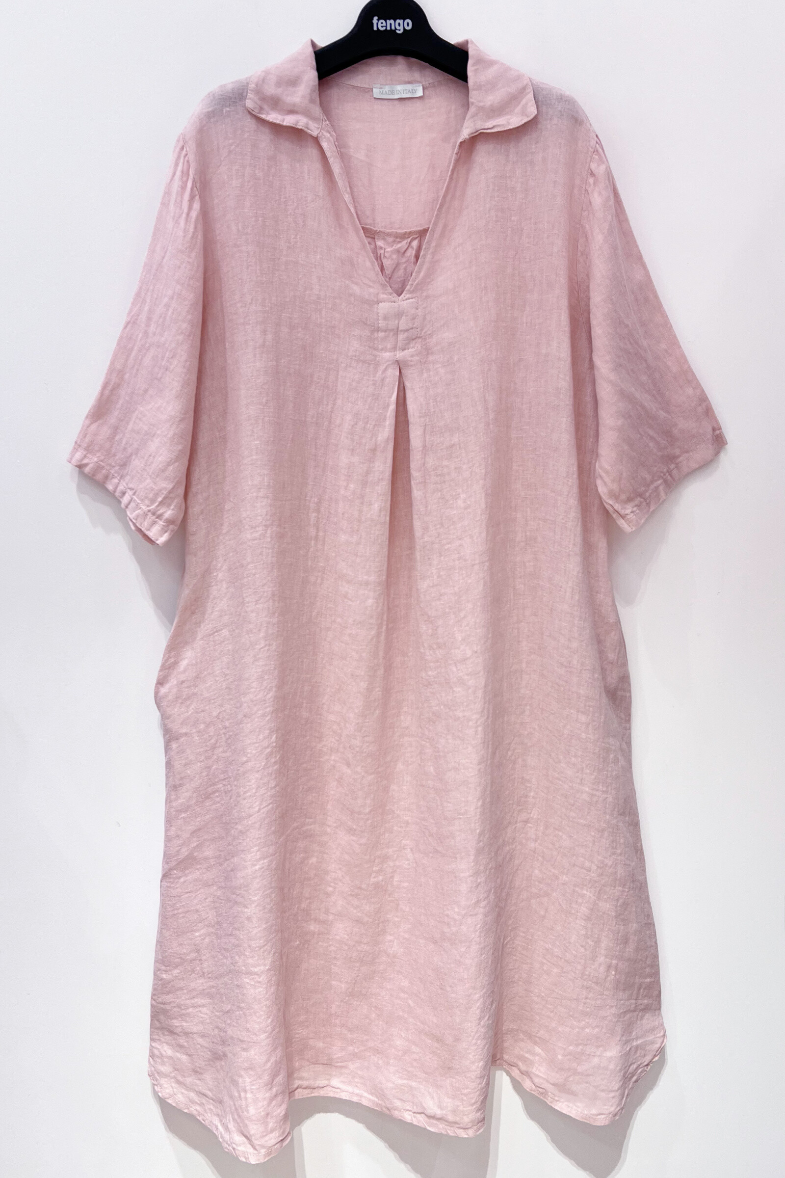 Großhändler Fengo by Pretty Collection - Langes und weites Leinenkleid 100%, mit V-Ausschnitt, kurzen Ärmeln und 2 Taschen