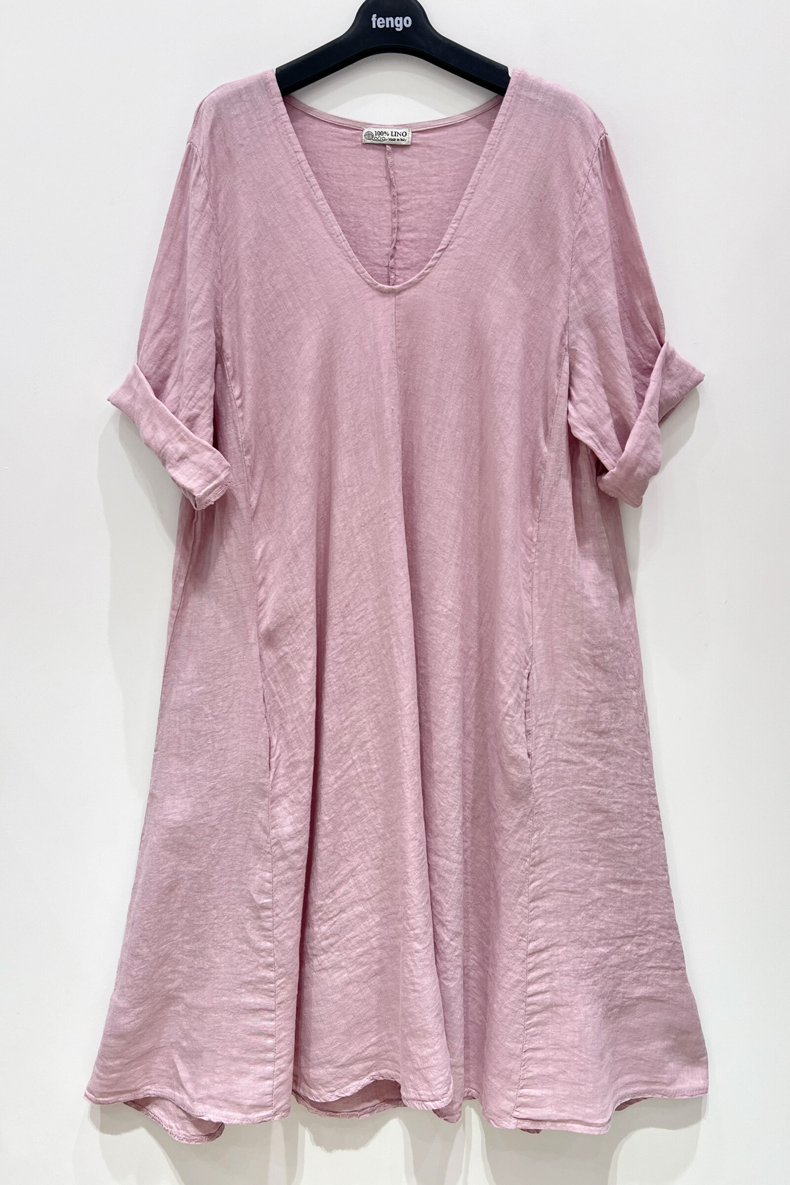 Großhändler Fengo by Pretty Collection - Lang 100%Leinenkleid, V -Neck und kurze Ärmel, mit ausgestattetem Schnitt.