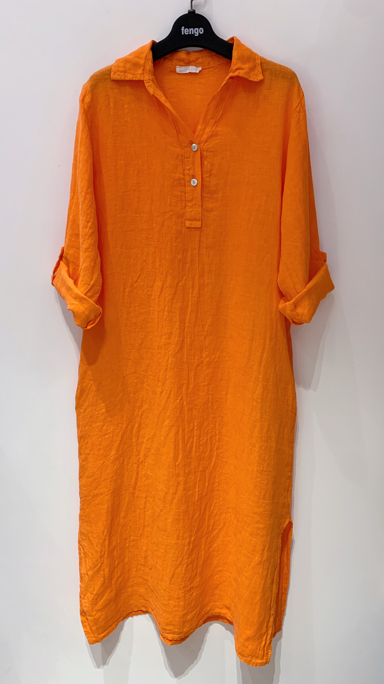 Grossiste Fengo by Pretty Collection - Robe longue en lin, avec col boutonné et manches longues