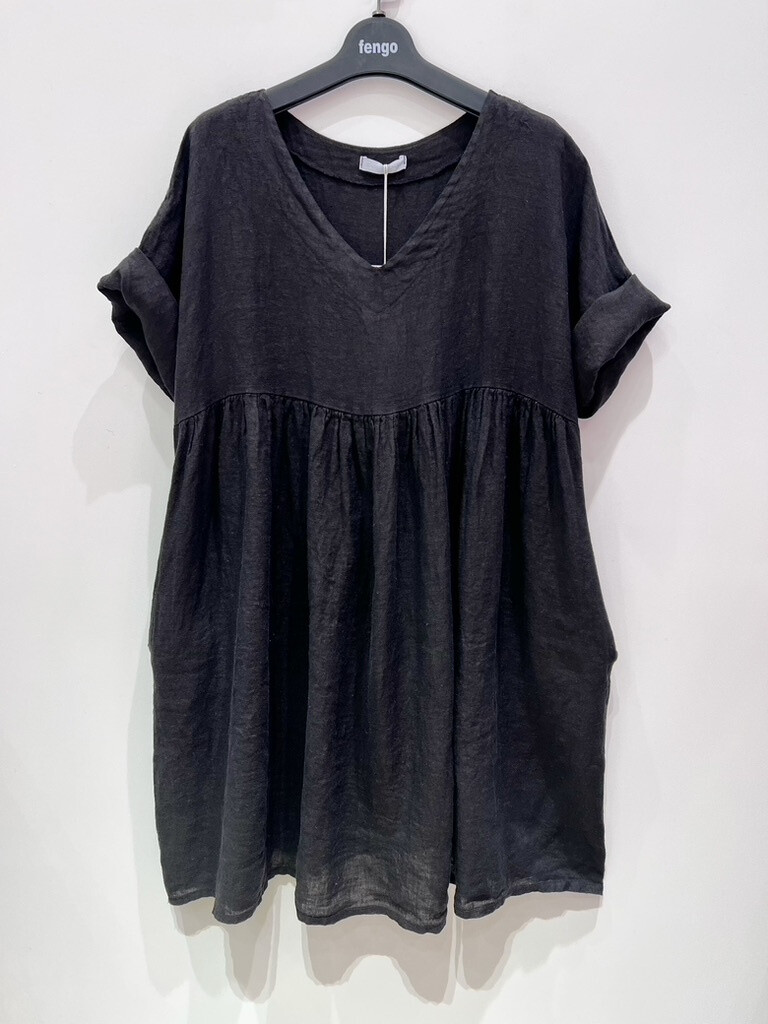 Grossista Fengo by Pretty Collection - Abito midi, largo con collo a maniche corte, in lino al 100%