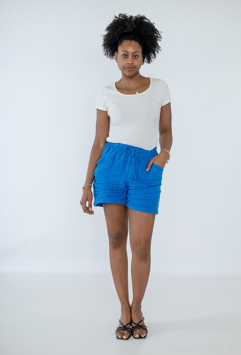 Grossiste Fengo by Pretty Collection - Short en lin basique, avec 2poches et ficelle à nouer