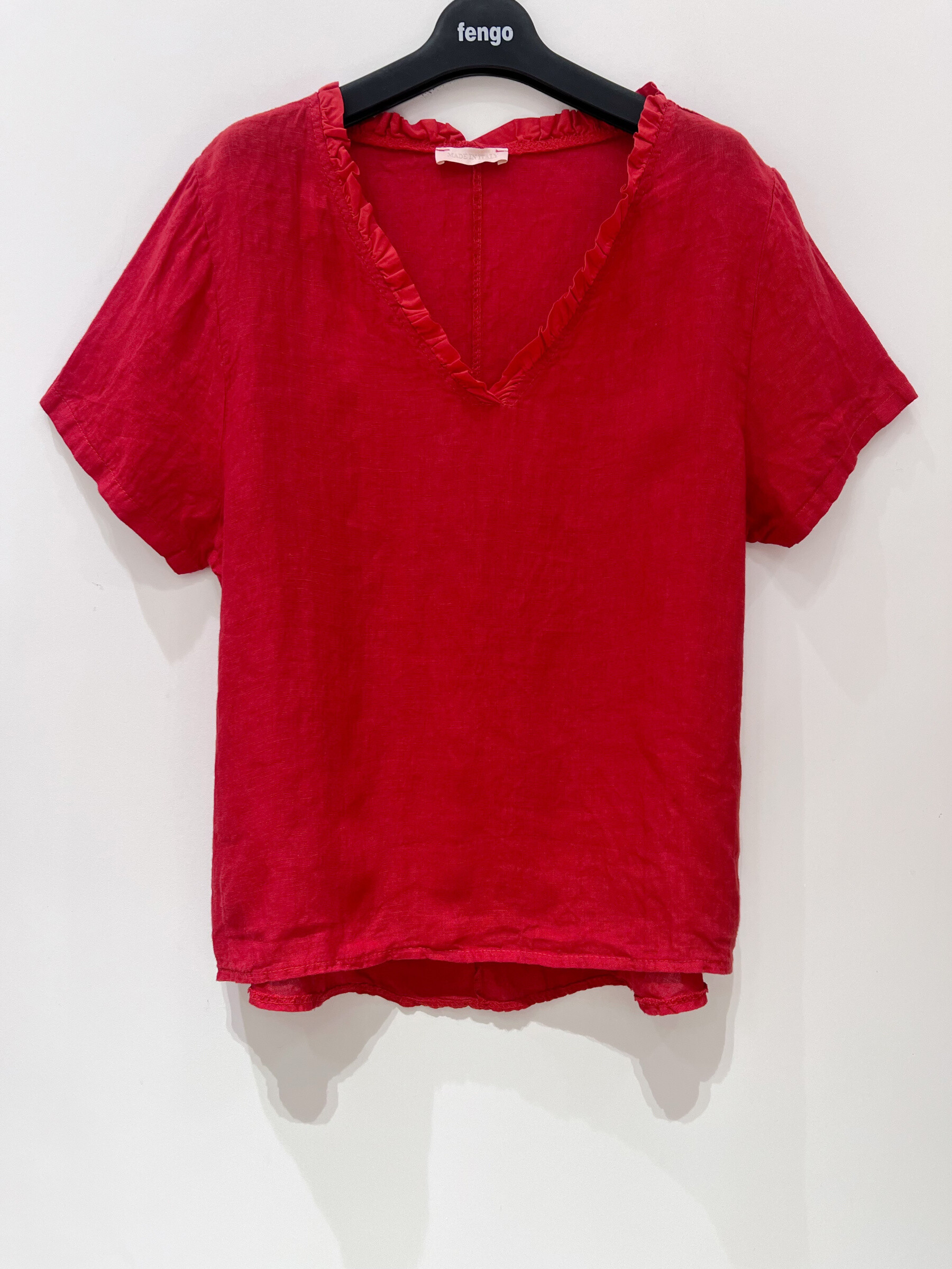 Grossiste Fengo by Pretty Collection - T-shirt basique col v avec volants, manches courtes, en lin 100%
