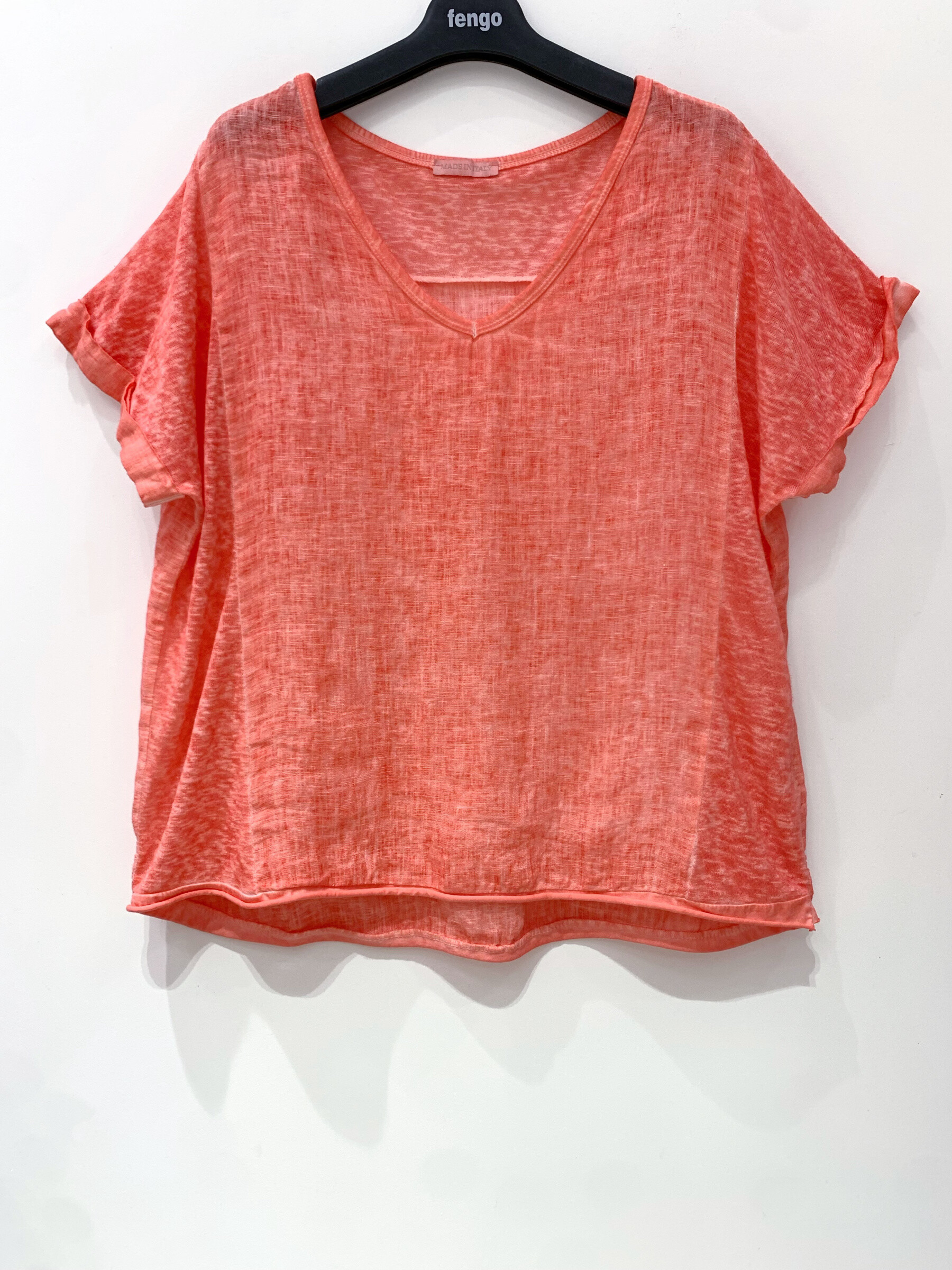 Grossiste Fengo by Pretty Collection - T-shirt bi-matière en lin, à col v et délavé