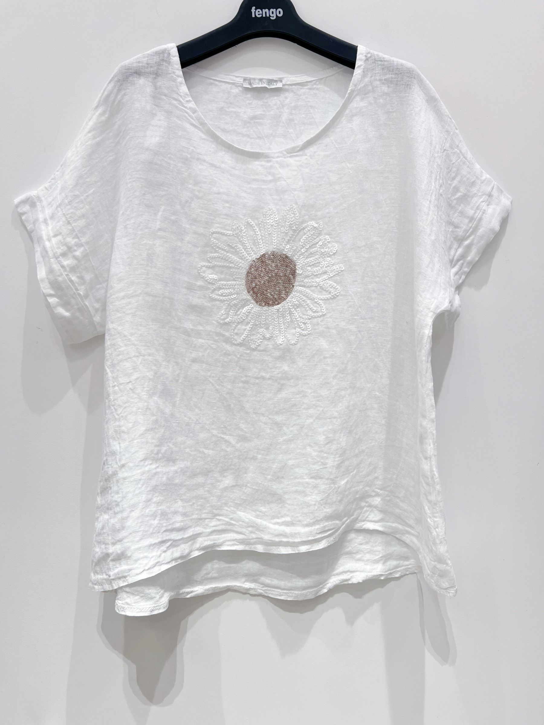 Wholesaler Fengo by Pretty Collection - 100% linen T-shirt with sequin daisy