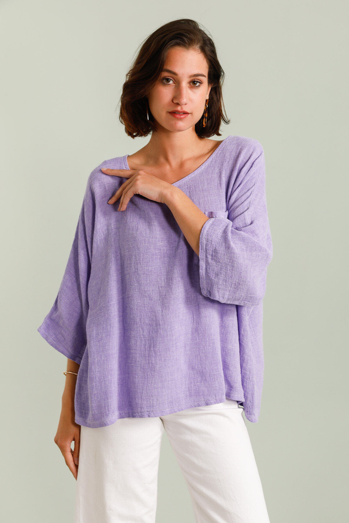 Wholesaler Fengo by Pretty Collection - Simple T-shirt in linen ⁄ cotton blend with pocket and short sleeves