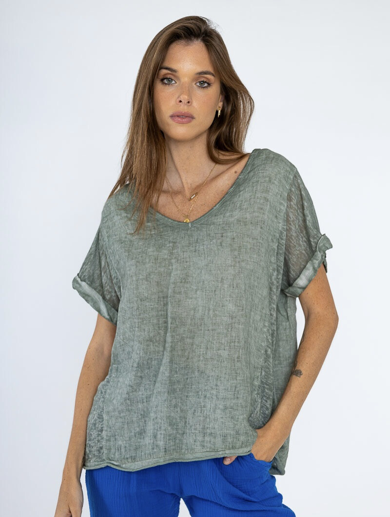 Wholesaler Fengo by Pretty Collection - Linen, V-neck and faded bi-material t-shirt