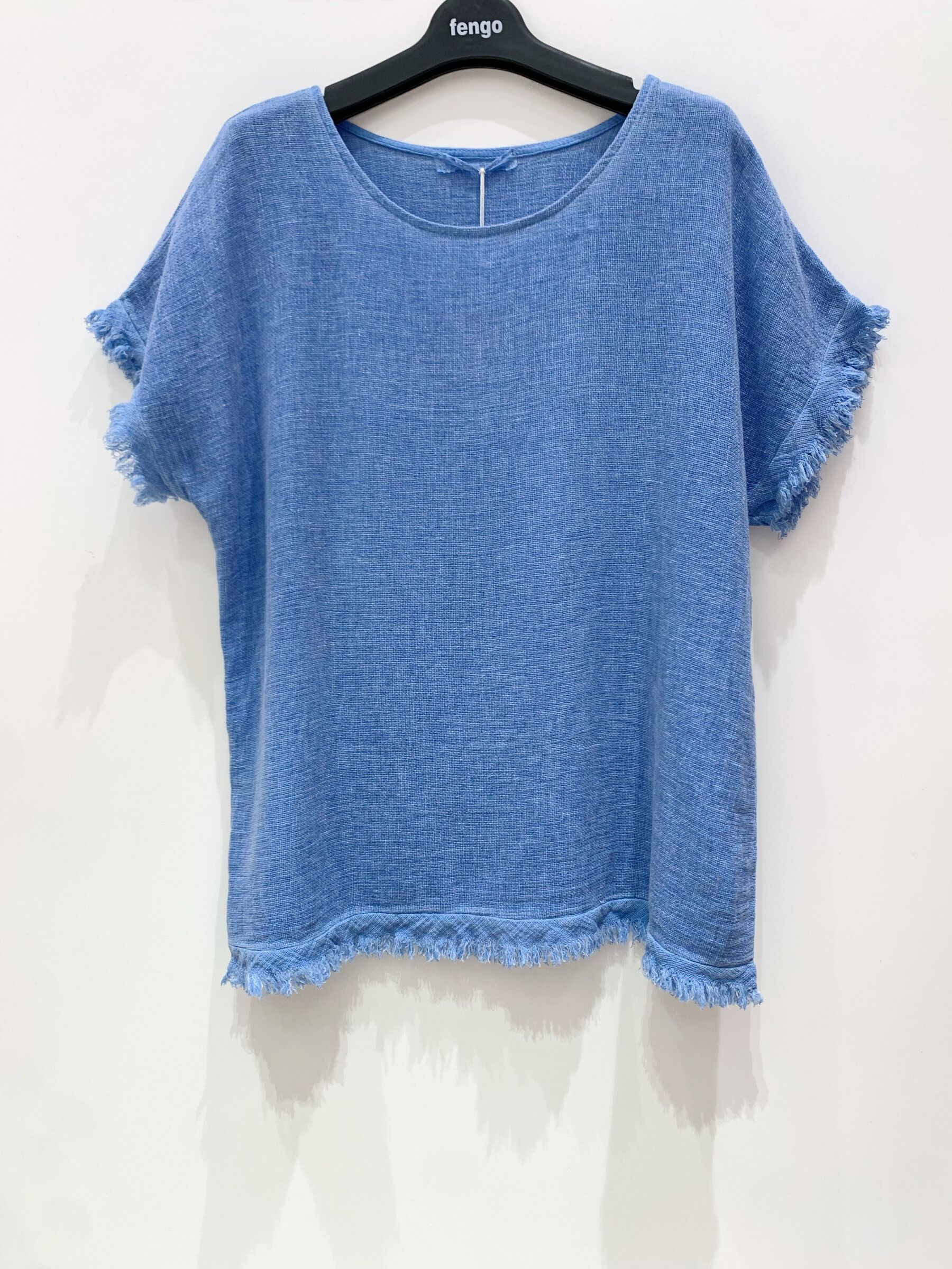Grossiste Fengo by Pretty Collection - T-shirt col rond, à franges, en mélange lin ⁄ coton