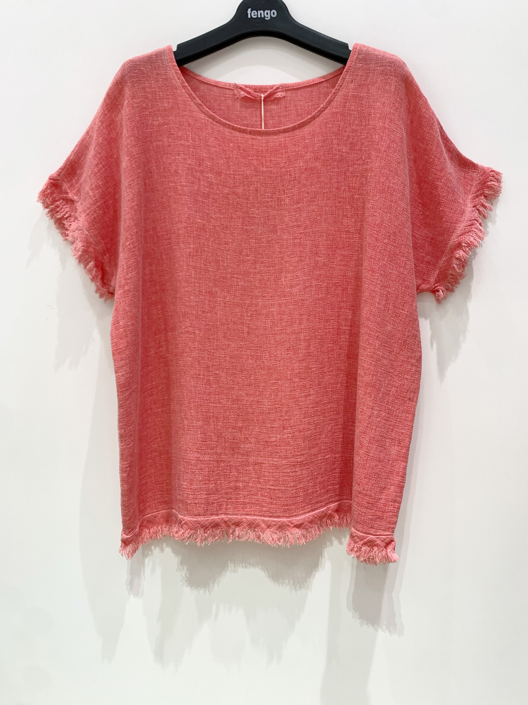 Wholesaler Fengo by Pretty Collection - Round neck T-shirt with fringes, in linen ⁄ cotton blend