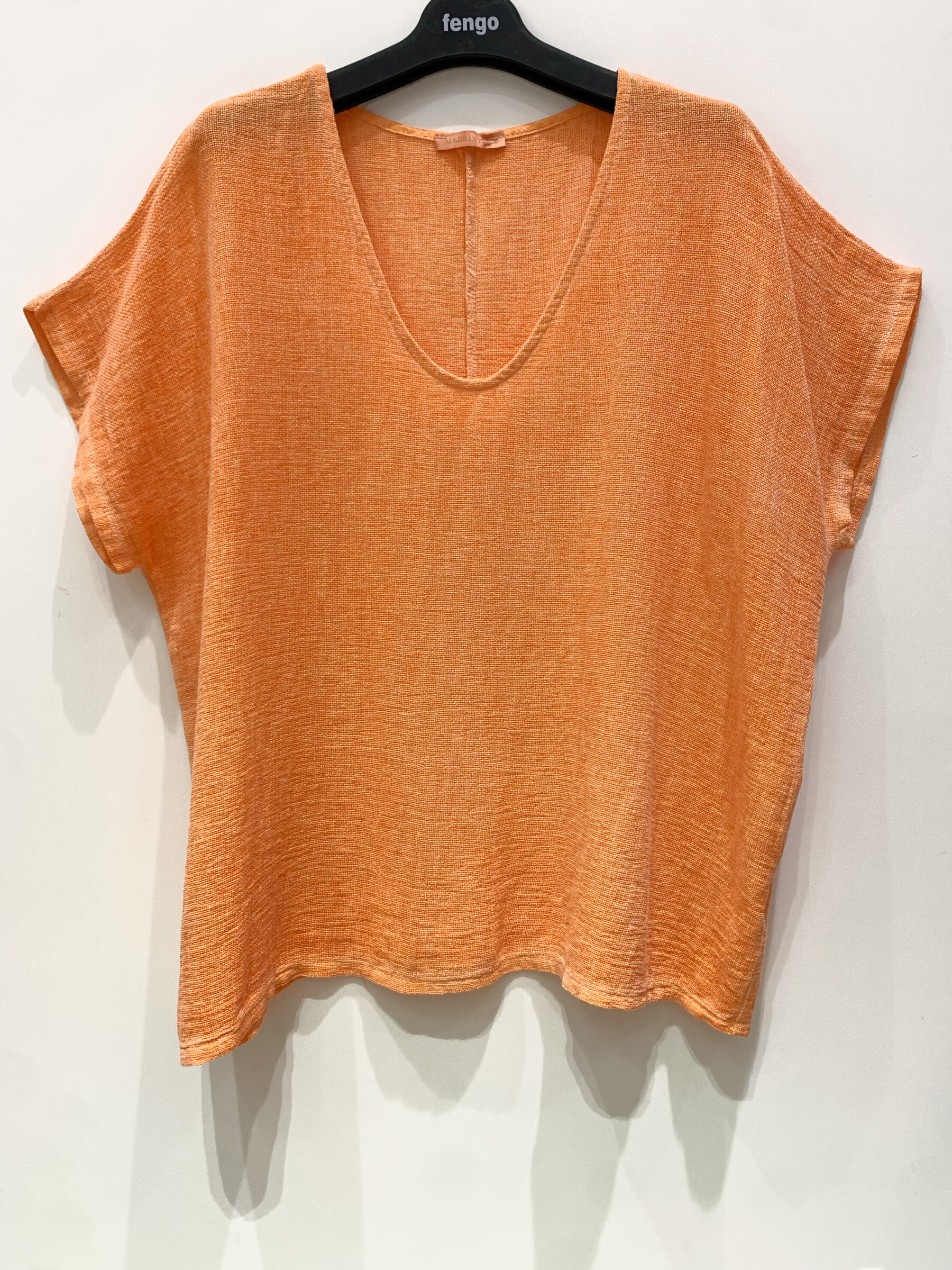 Grossiste Fengo by Pretty Collection - Top léger col v à manches courtes en mélange lin ⁄ coton