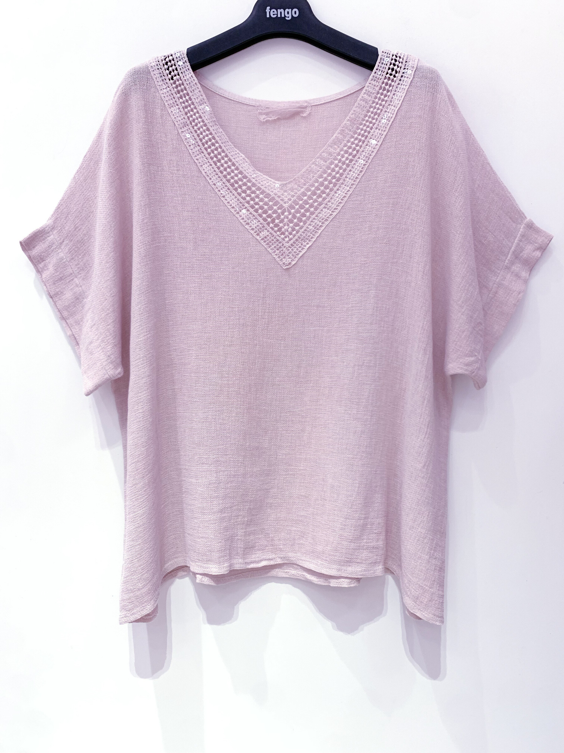 Wholesaler Fengo by Pretty Collection - V -neck blouse with sequins in linen/cotton mixture