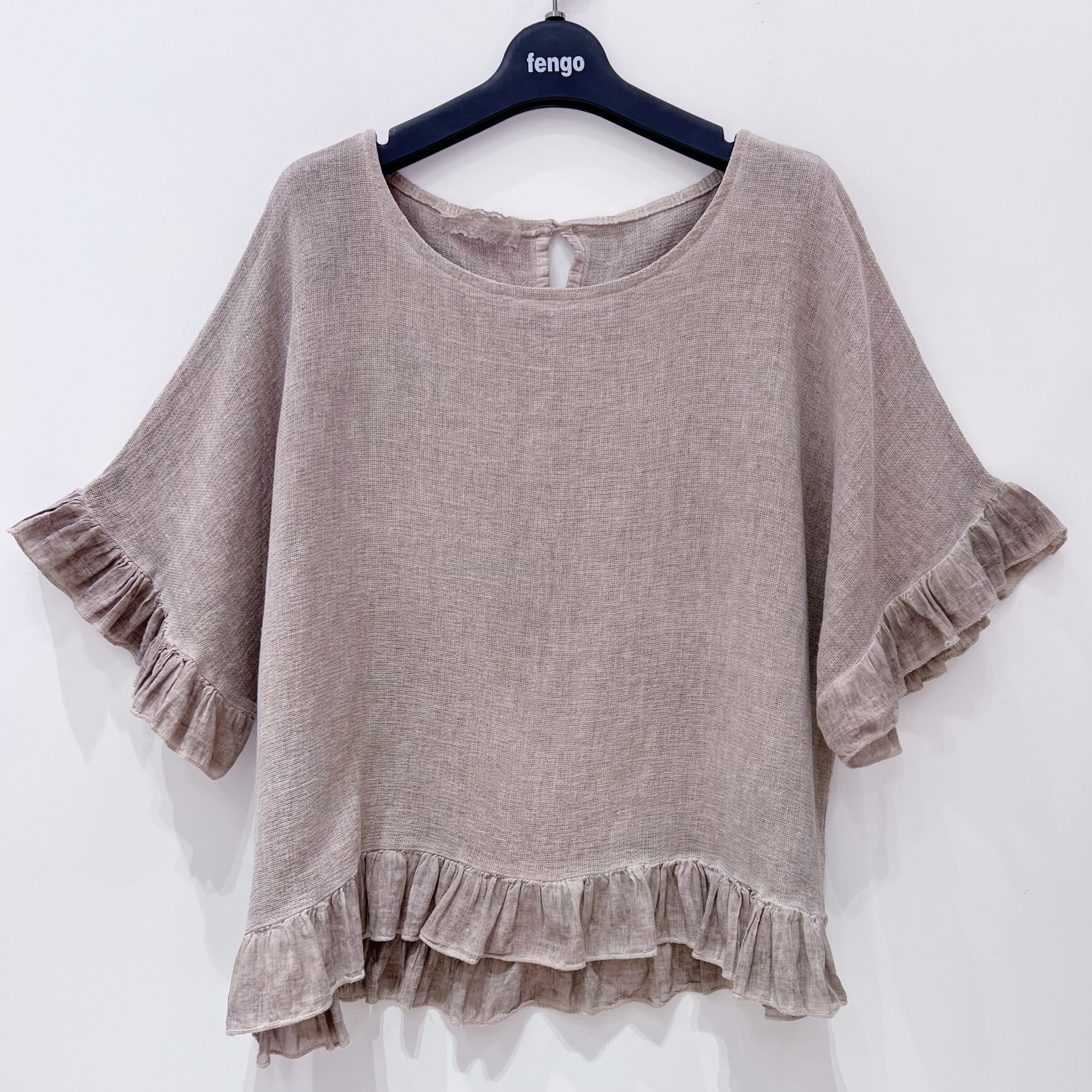 Grossiste Fengo by Pretty Collection - Blouse avec volants, en mélange lin ⁄ coton