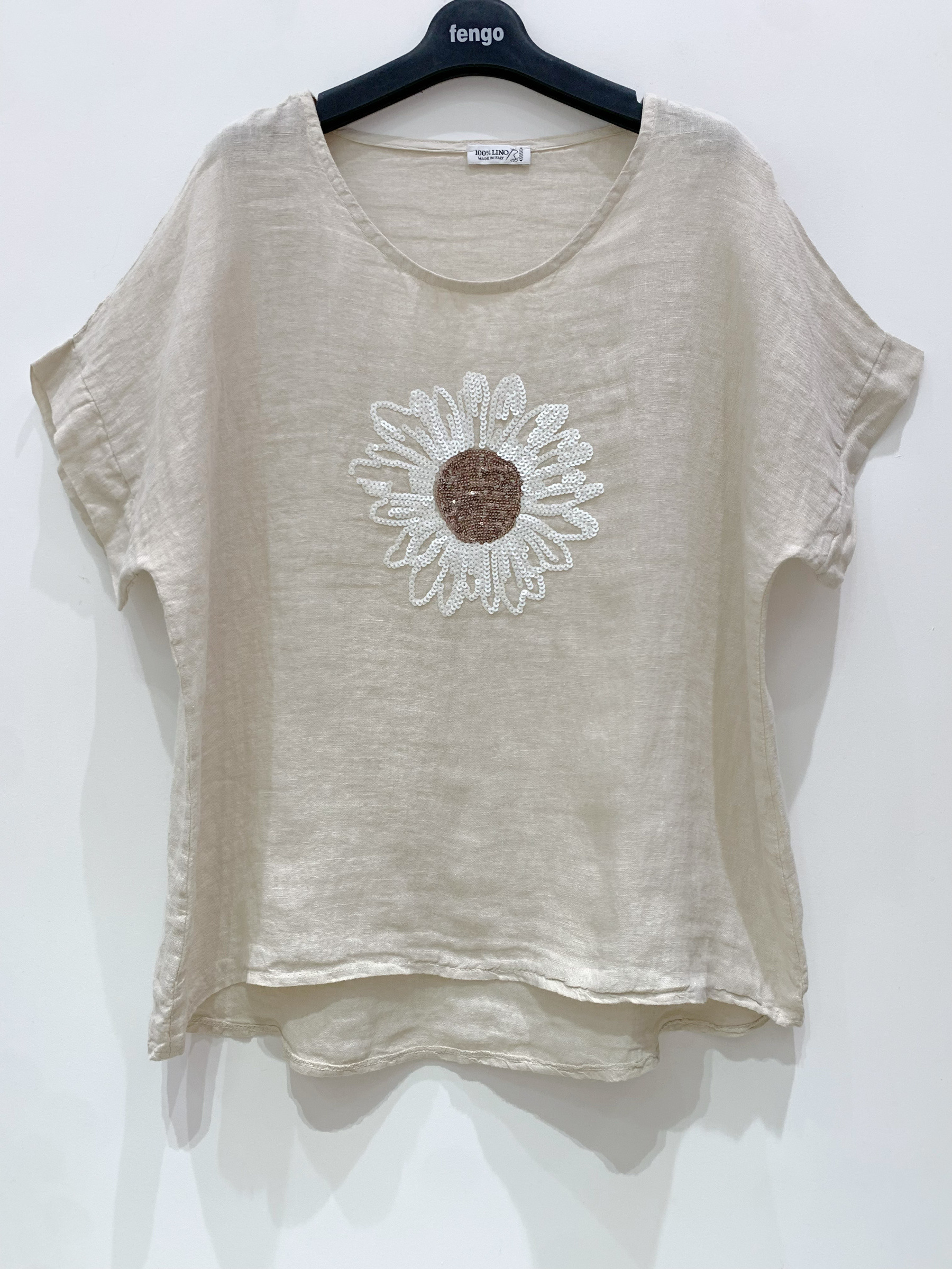 Wholesaler Fengo by Pretty Collection - 100% linen T-shirt with sequin daisy