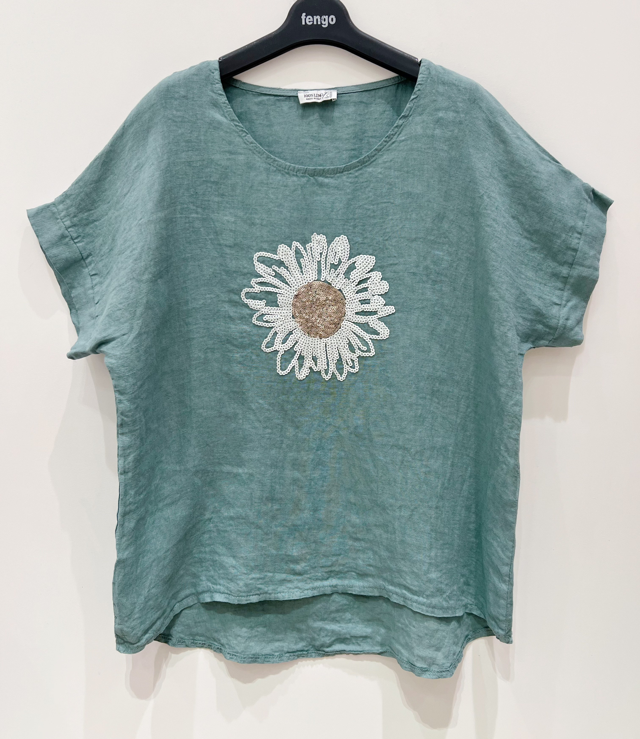 Wholesaler Fengo by Pretty Collection - 100% linen T-shirt with sequin daisy
