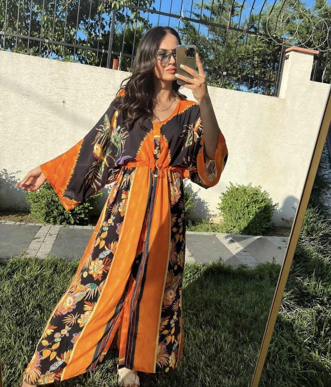 Großhändler FENOMEN - Langes Oranges bedrucktes bescheidenes Langarmkleid - Sommerkleid