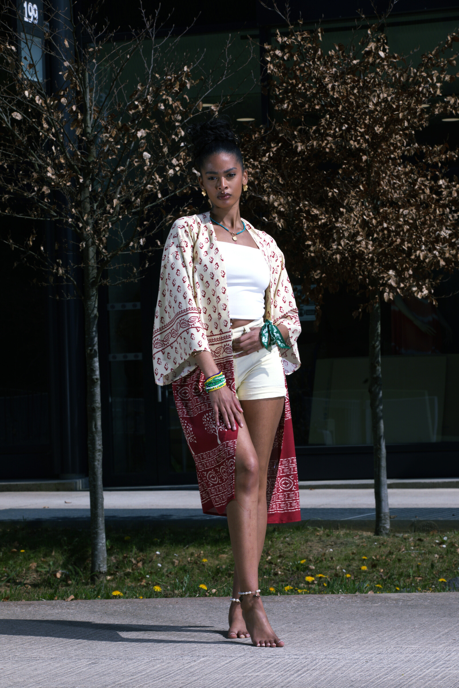 Grossiste FENOMEN - Kimono Ample Beige & Rouge Ethnique - Manches Mi-Longues - En Coton