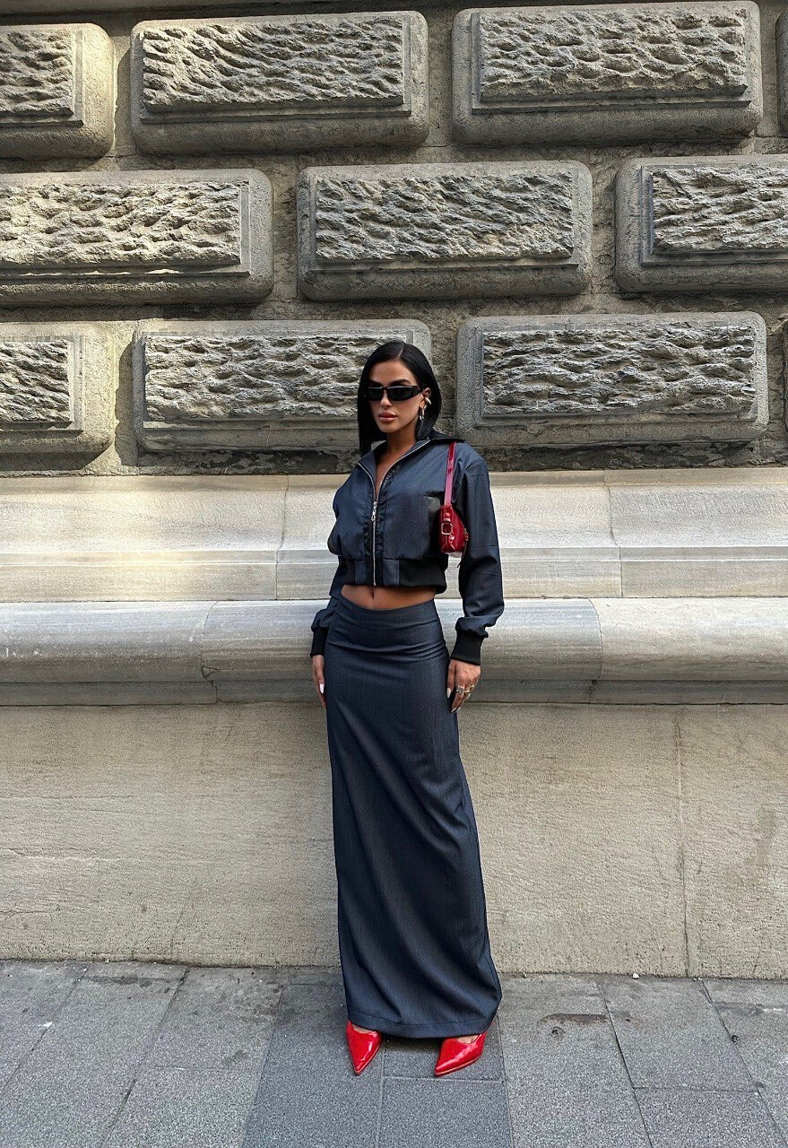 Grossista FENOMEN - Set composto da giacca corta con zip e lunga gonna coordinata