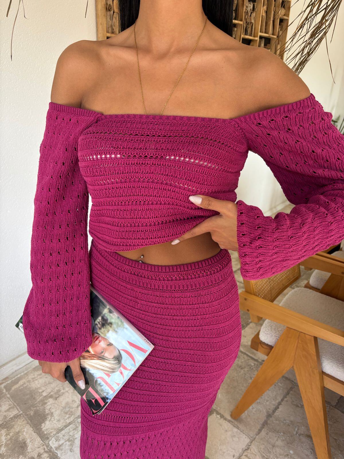 Wholesaler SOBE BY FENOMEN - Fuchsia knit summer set - Bohemian chic beach look for women