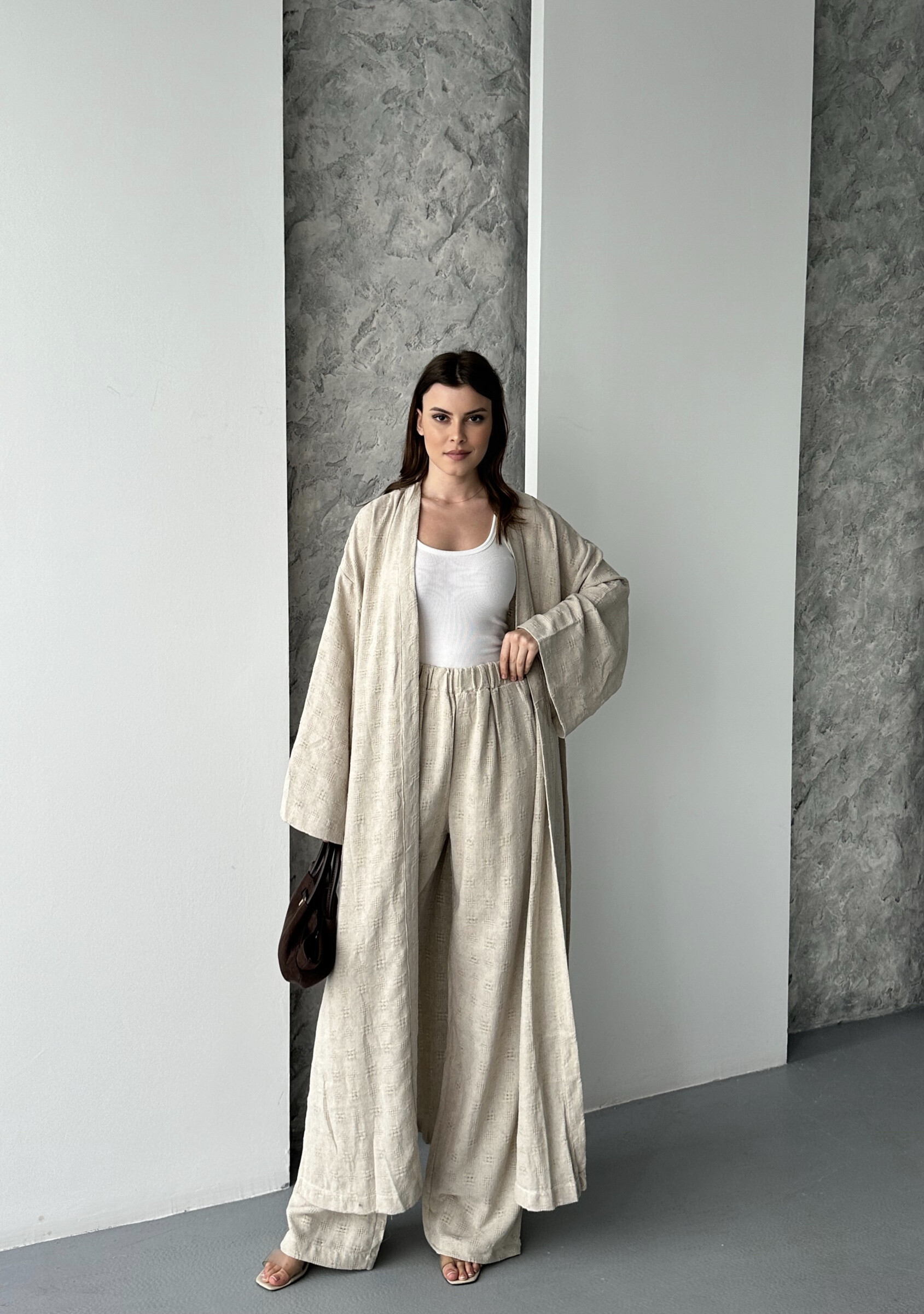 Grossiste FENOMEN - Ensemble Kimono & Pantalon Large – Lin & Coton Beige