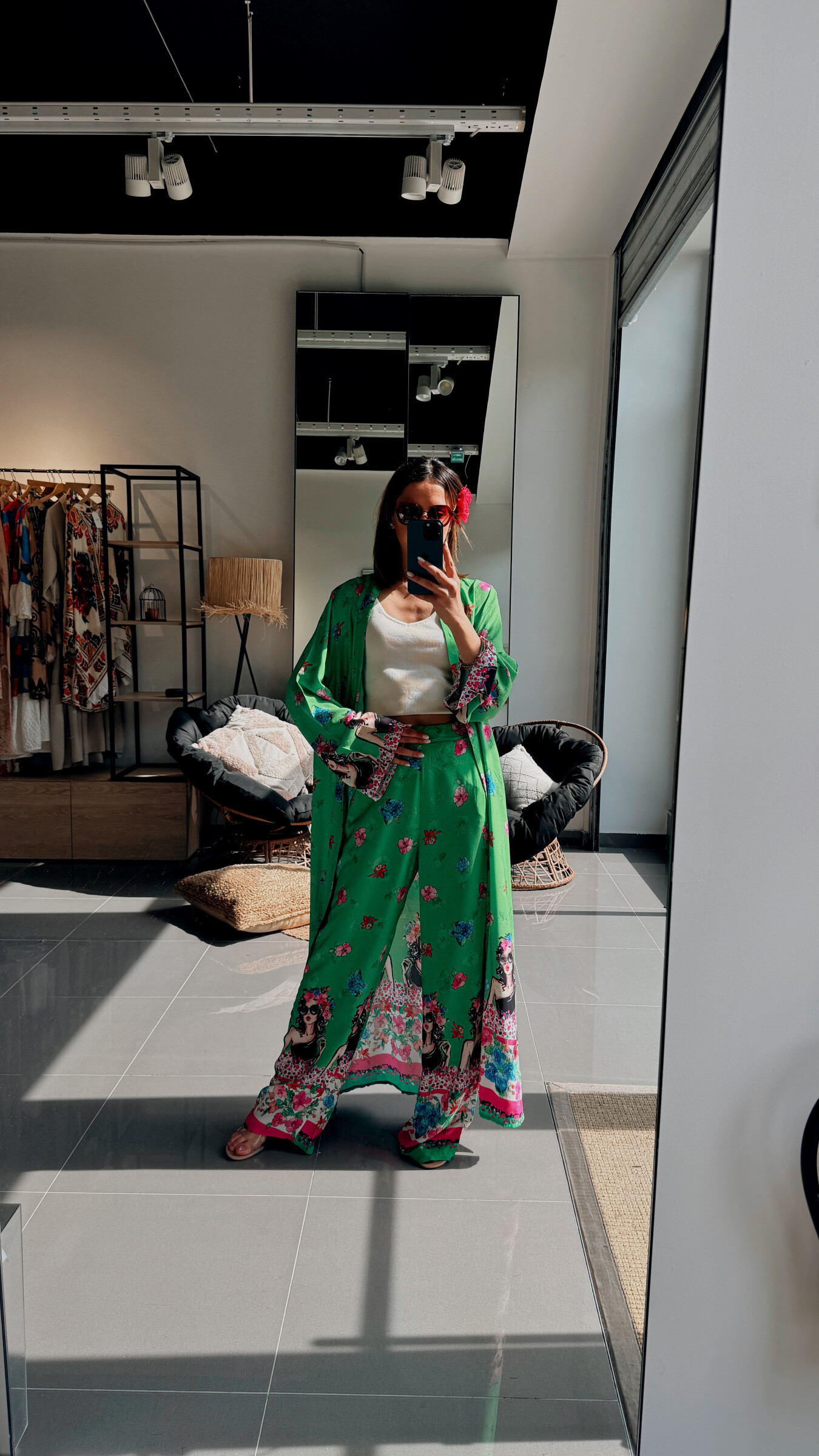 Grossiste FENOMEN - Ensemble Bohème Kimono Long & Pantalon Ample Assortie - Imprimé - Avec Coton