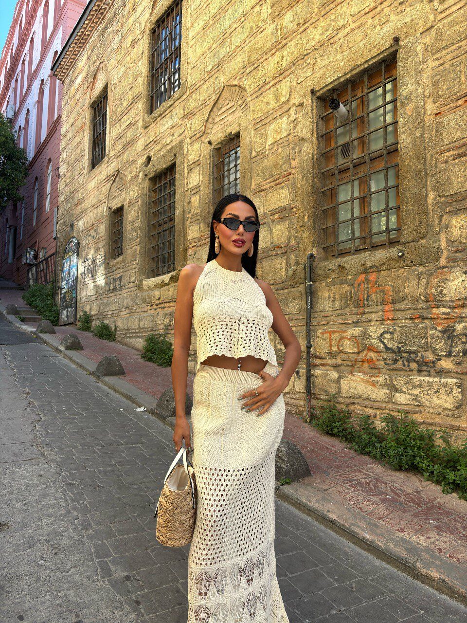Mayorista SOBE BY FENOMEN - Conjunto de punto beige con efecto encaje - Estilo veraniego bohemio chic
