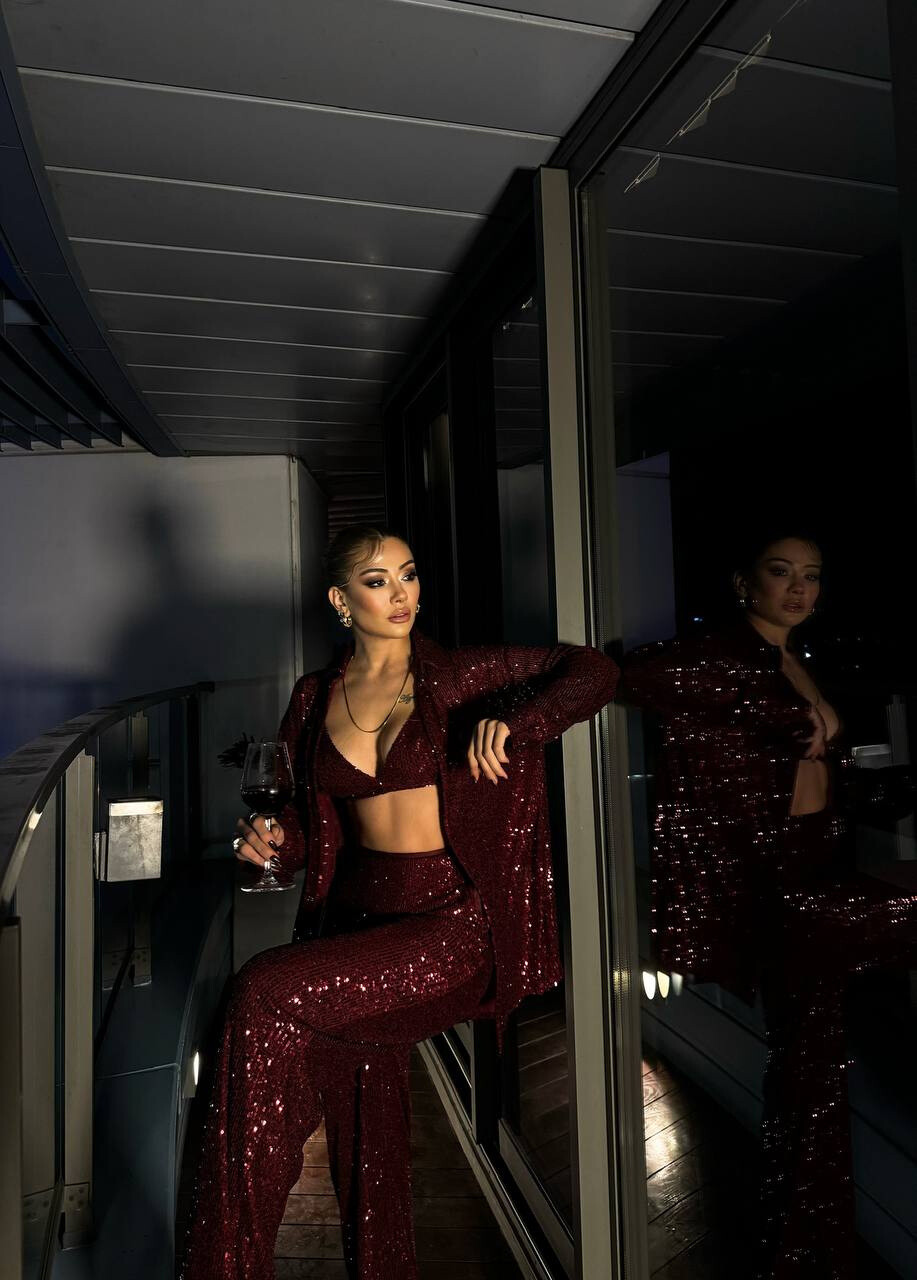 Grossista FENOMEN - Set di tre pezzi di paillettes camicia brallette pantaloni