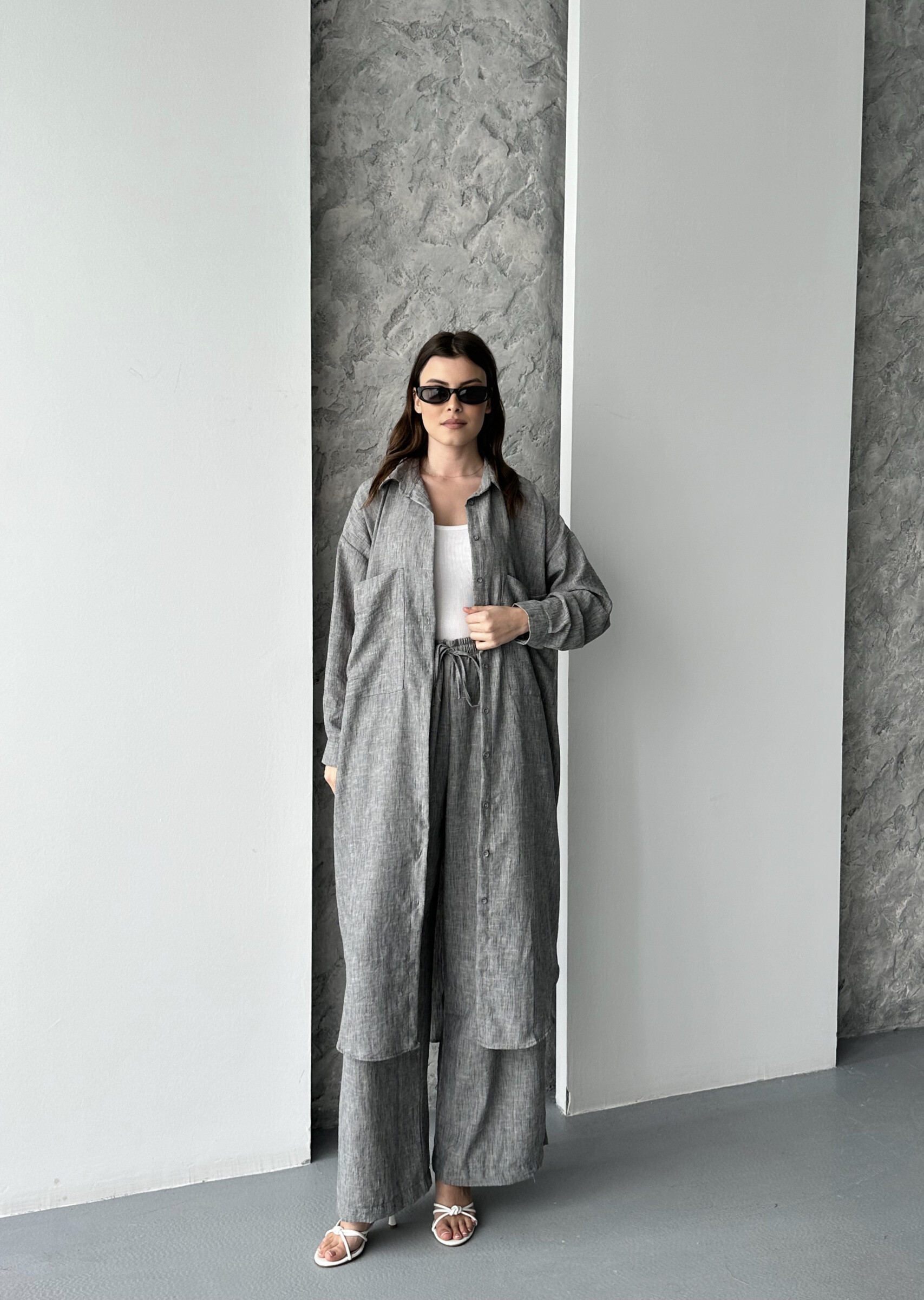 Grossiste FENOMEN - Ensemble Chemise Longue & Pantalon Large – GRIS