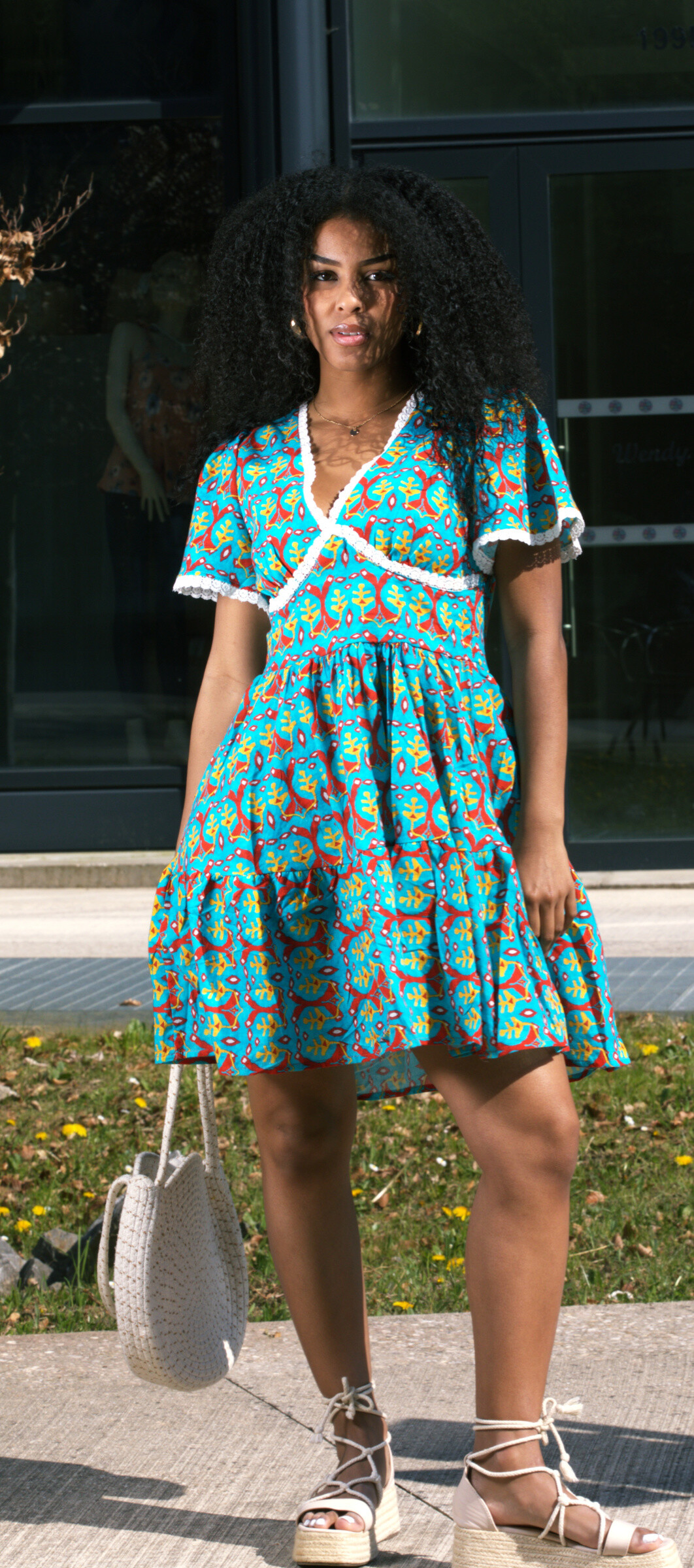 Grossiste FENOMEN - Robe Courte Evasée en Coton Imprimé - Manches Courtes - Bohème