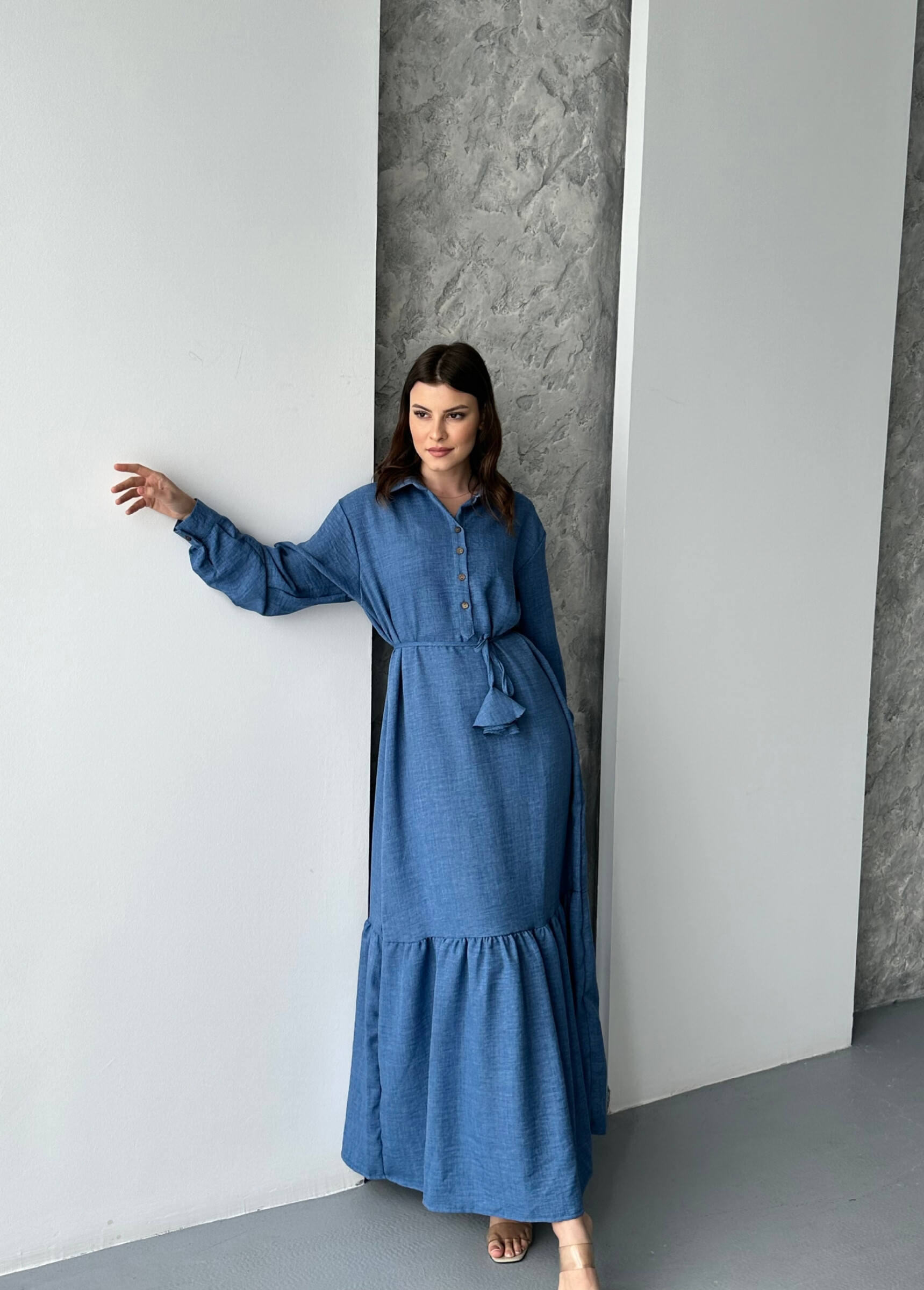 Grossiste FENOMEN - Robe Longue – Ample - Manches Longues - Viscose - bleu