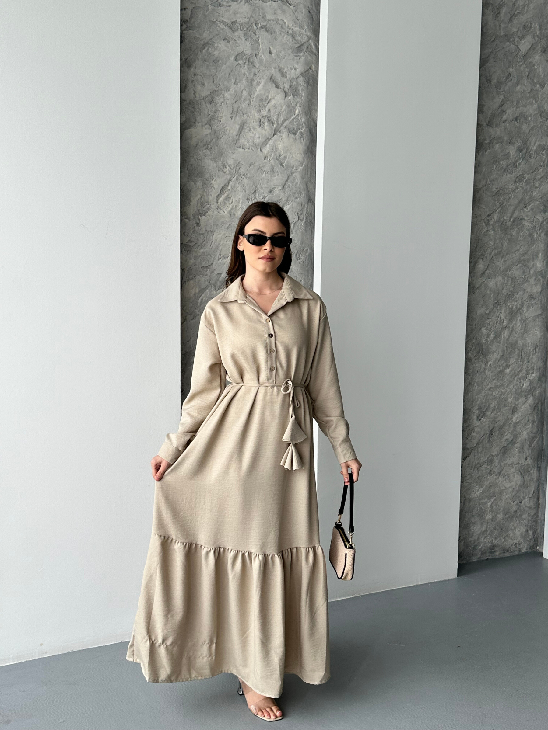Grossiste FENOMEN - Robe Longue Manches Longues – Beige - Viscose