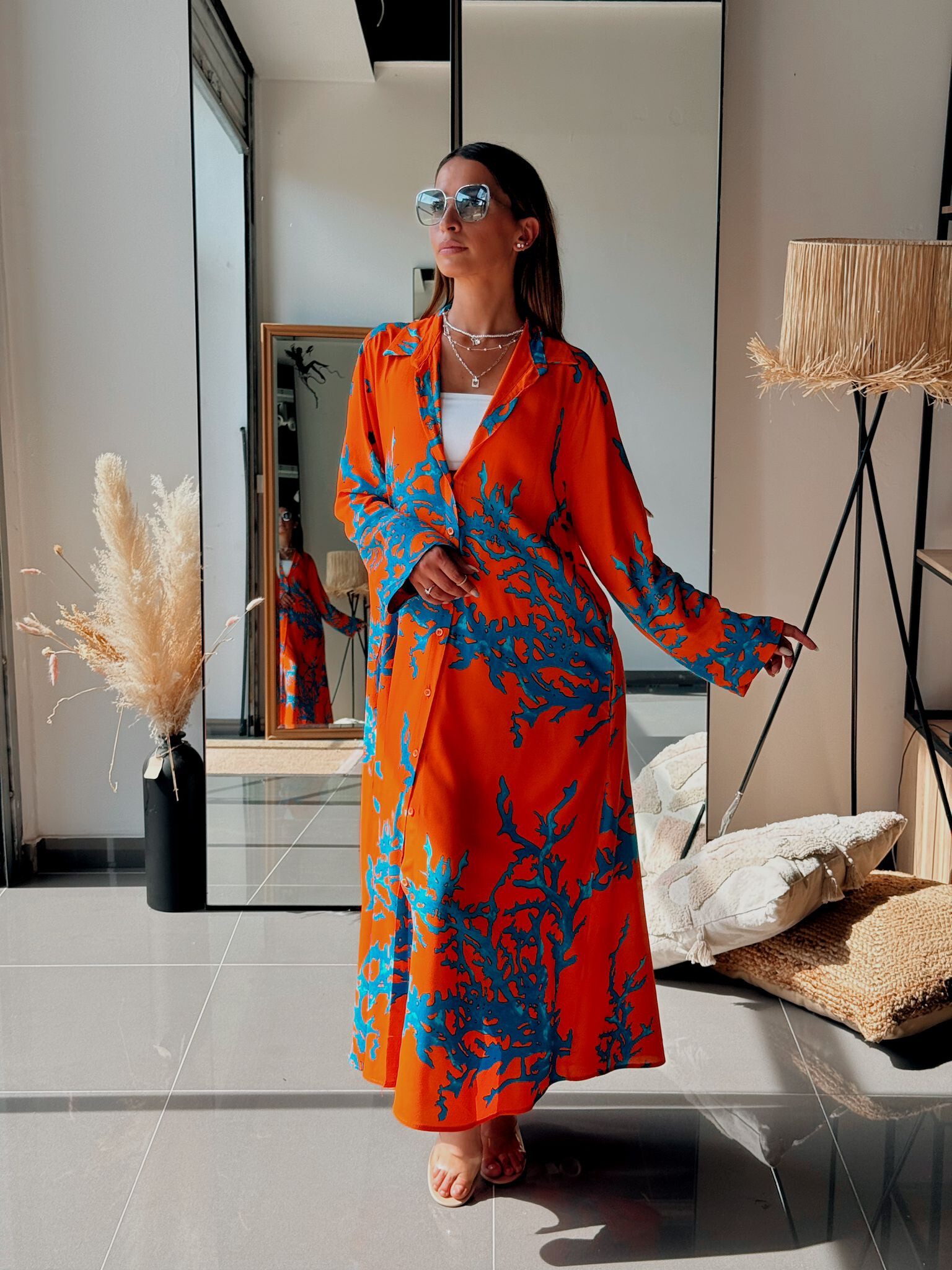 Wholesaler FENOMEN - Fluid Viscose Printed Tunic in Orange and Blue for Summer