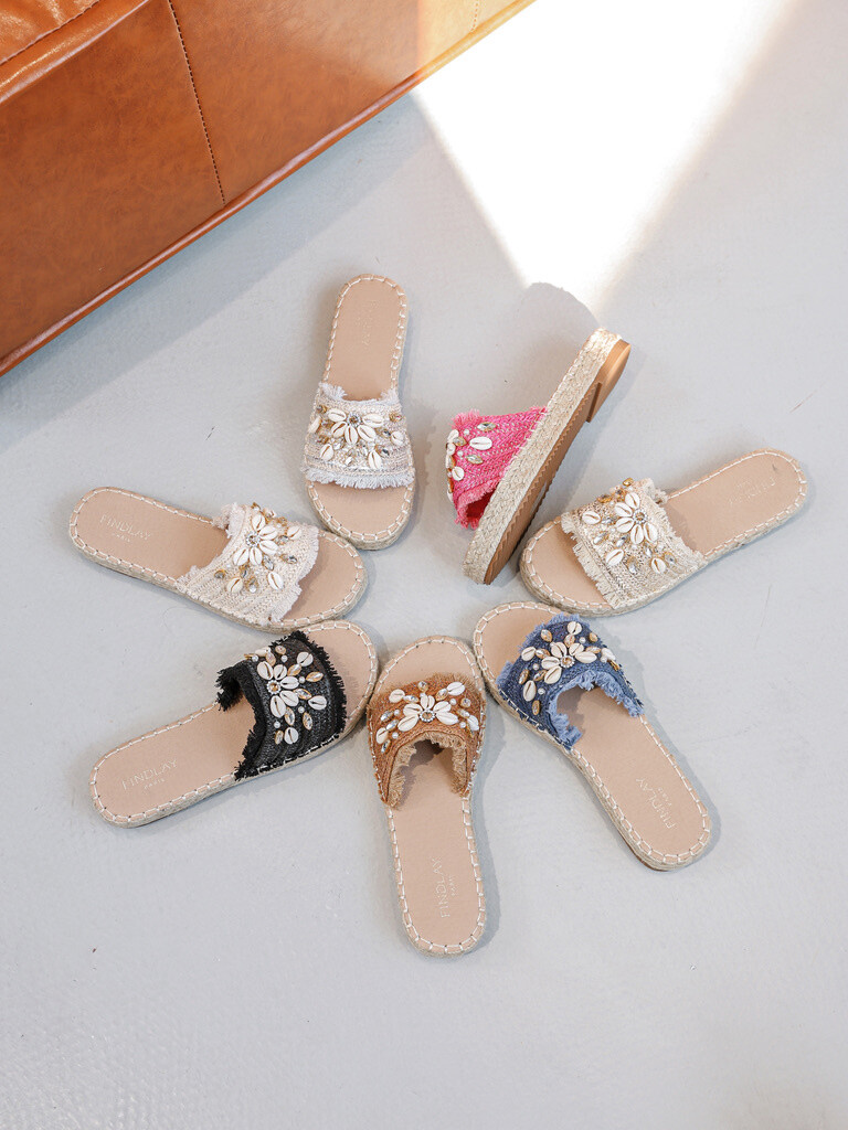 Women's espadrille with beads and shells, 100% synthetic, perfect for summer, light and stylish, made in China, Spring/Summer 2025 collection.