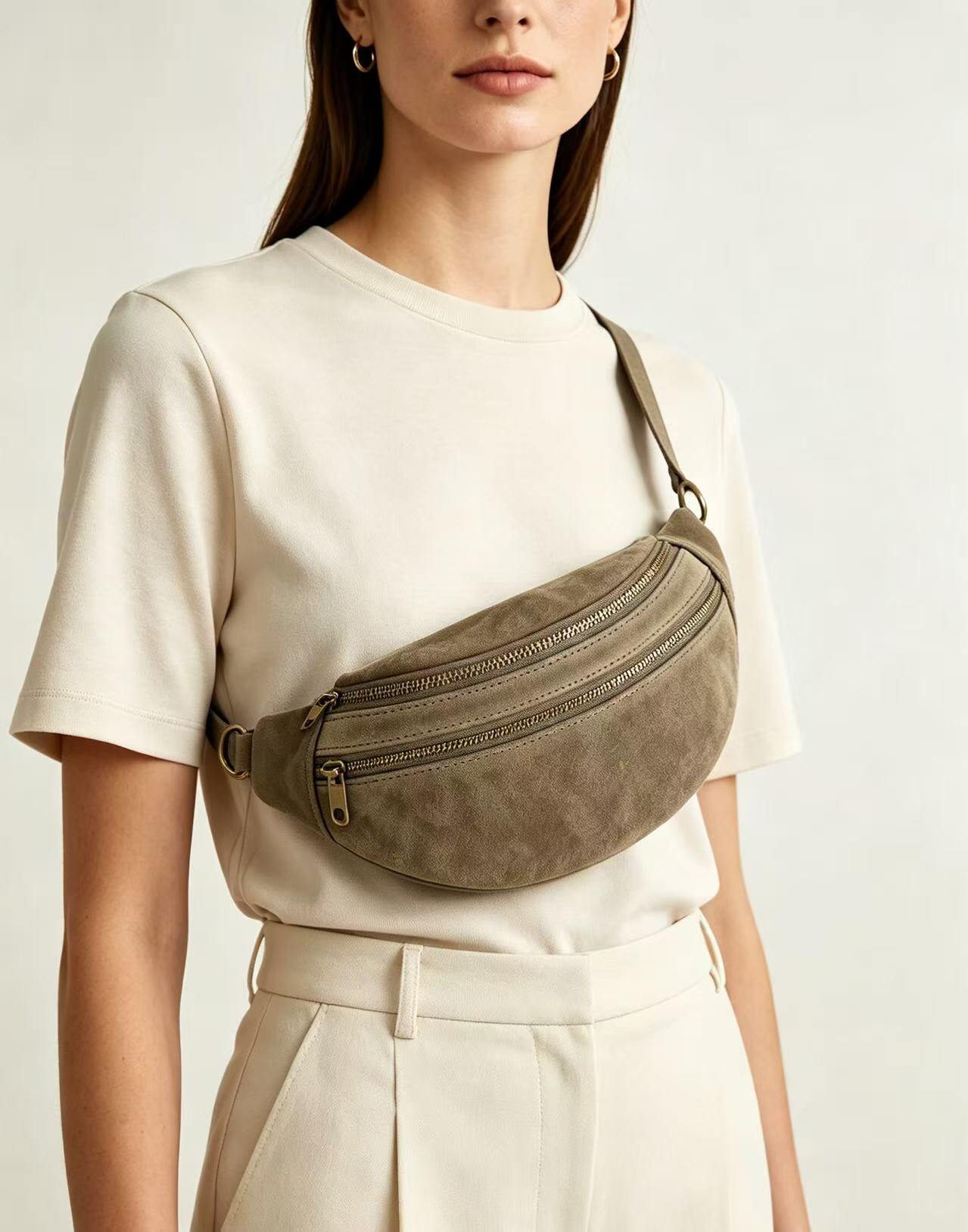 Wholesaler FIORE BAGS - HALF-MOON SUEDE BELT BAG WITH DOUBLE METALLIC ZIPPER IN BRASS EFFECT