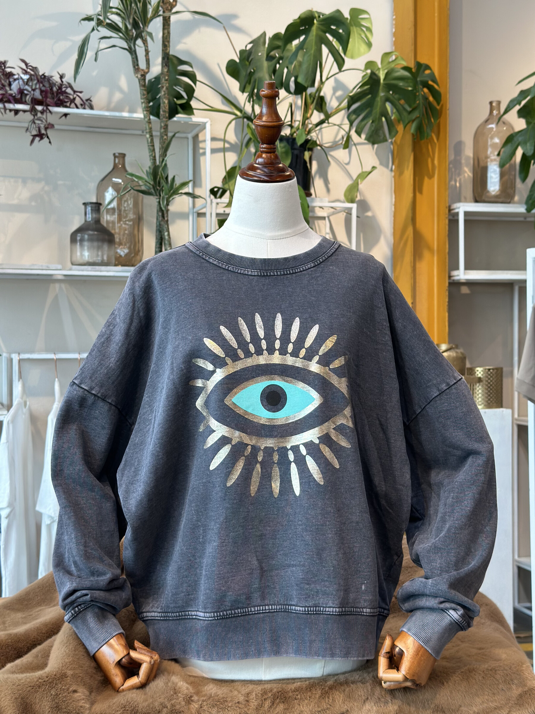 Großhändler FIRSTAGE - Stone wash Sweatshirt Laminierter Augenprint 100% Baumwolle Hergestellt in Italien