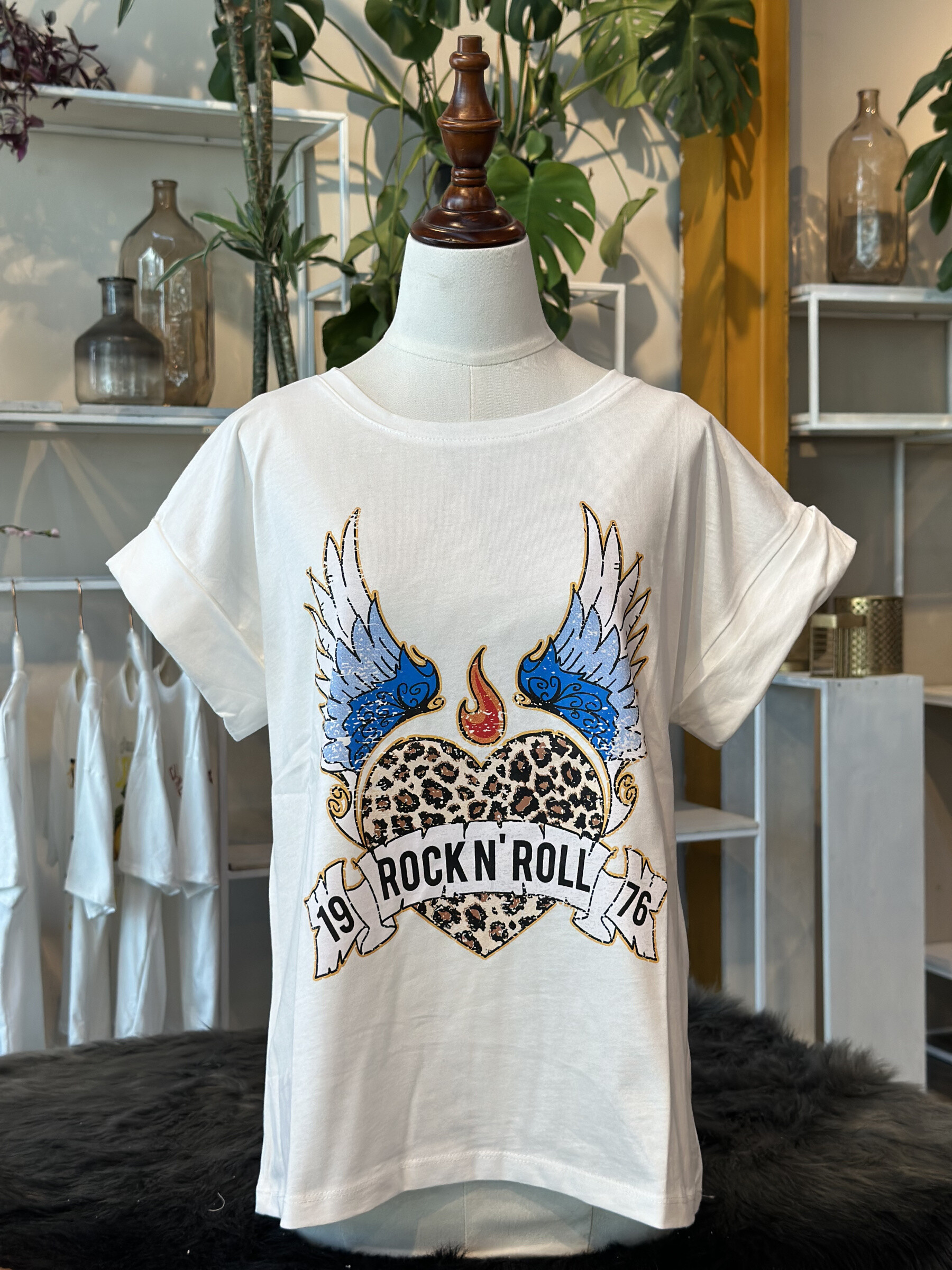 Mayorista FIRSTAGE - Camiseta rock con corazón alado estampado leopardo 100% algodón Hecho en Italia