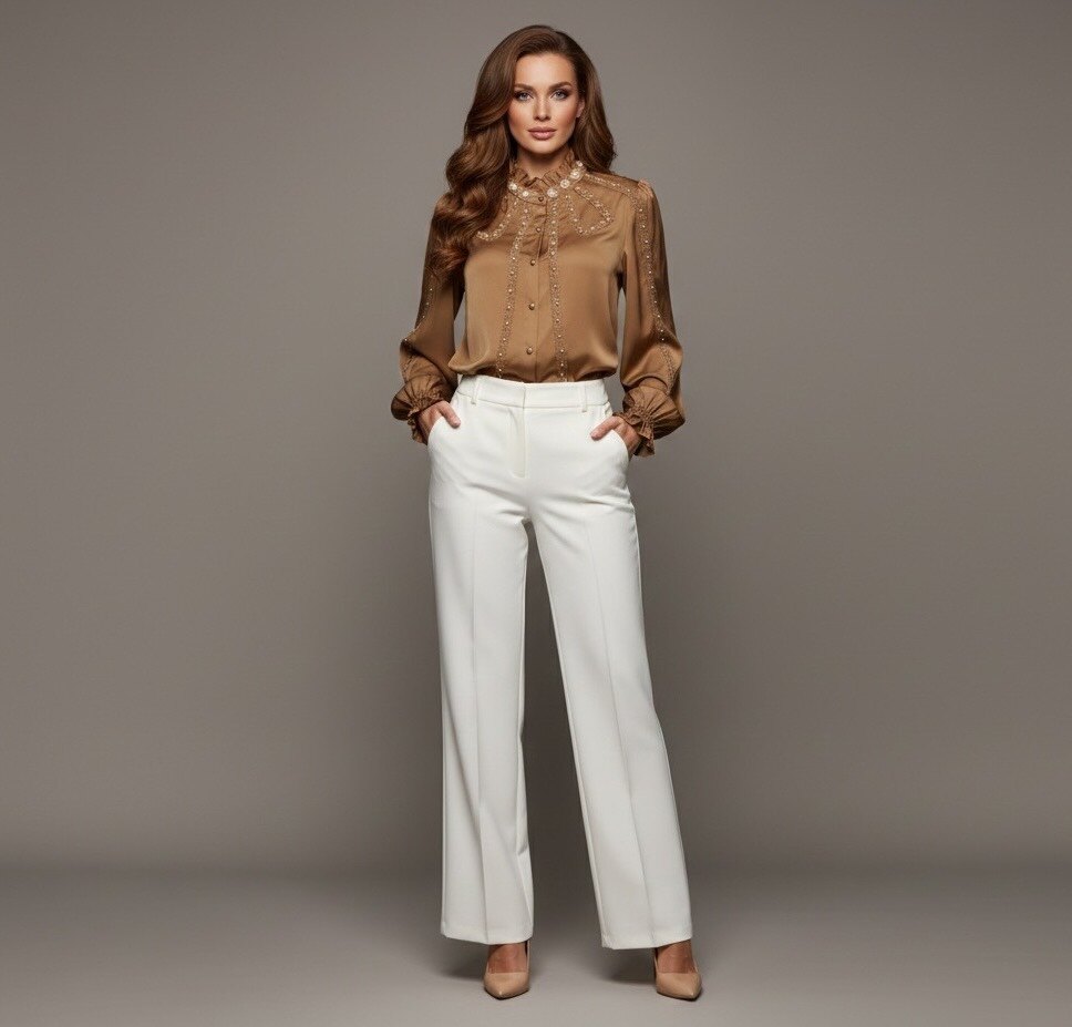 Cette blouse élégante apporte une touche de sophistication à n’importe quelle tenue. Son col travaillé, orné de broderies délicates et de perles lumineuses, attire le regard subtilement tout en restant chic. Les manches longues légèrement bouffantes ajoutent du volume et une allure féminine, tandis que la coupe droite assure un confort optimal et un tombé impeccable. Conçue dans un tissu doux et fluide, cette pièce s’adapte aussi bien aux looks professionnels qu’aux sorties élégantes. Disponible en plusieurs coloris raffinés, elle se porte facilement rentrée dans une jupe ou un pantalon taille haute pour un style classique et intemporel.